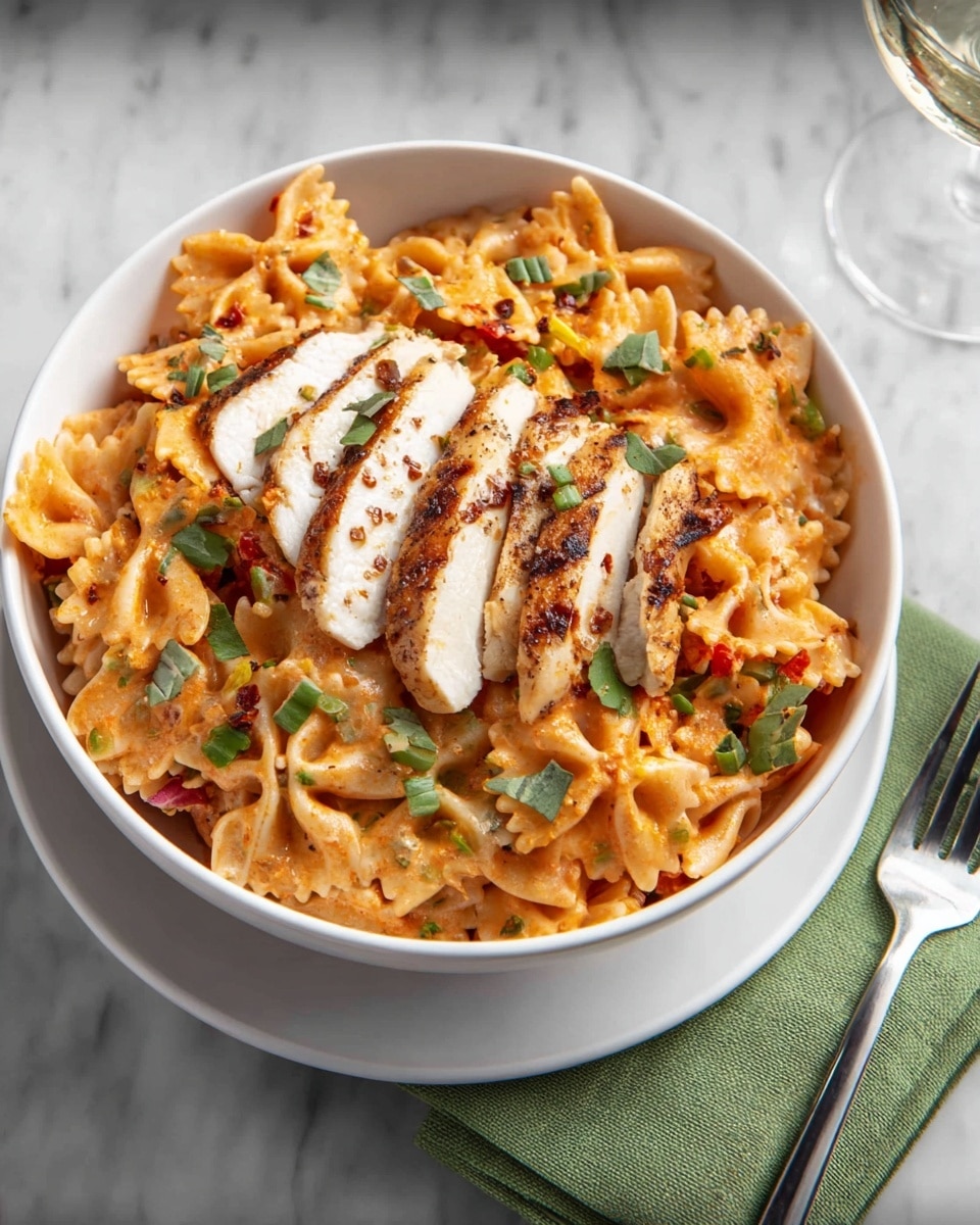 A white bowl filled with three main layers: at the bottom, a bed of orange-red bowtie pasta mixed with small pieces of green zucchini and orange bell peppers coated in a creamy sauce; on top of the pasta, several slices of cooked light brown chicken with a smooth texture, arranged in a line from left to right; sprinkled all over are chopped green onions and red pepper flakes adding a pop of green and red color. The bowl sits on a green cloth napkin over a white plate, with a silver fork on the right side, all placed on a white marbled surface; photo taken with an iphone --ar 4:5 --v 7
