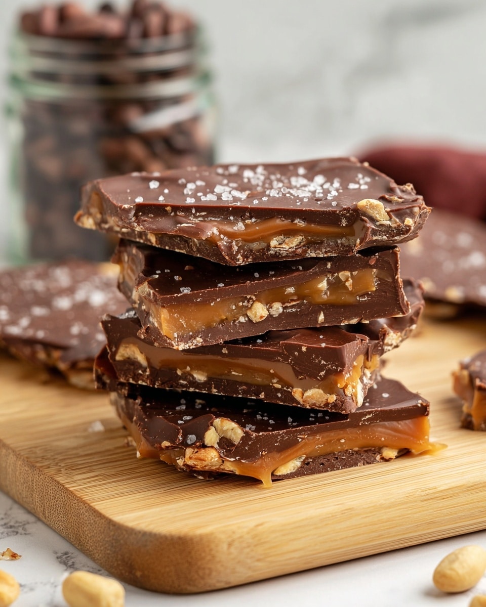 A woman’s hand with red polished nails holds a broken piece of chocolate peanut butter bark showing three distinct layers: a dark brown chocolate bottom layer, a golden peanut butter middle layer with some peanut pieces, and a milk chocolate top layer with a few nuts mixed in. In the background, there is a small stack of more bark pieces on a wooden board placed on a white marbled surface along with blurred jars and cloth. The texture of the bark looks firm with a glossy finish on the chocolate layers. Photo taken with an iphone --ar 4:5 --v 7