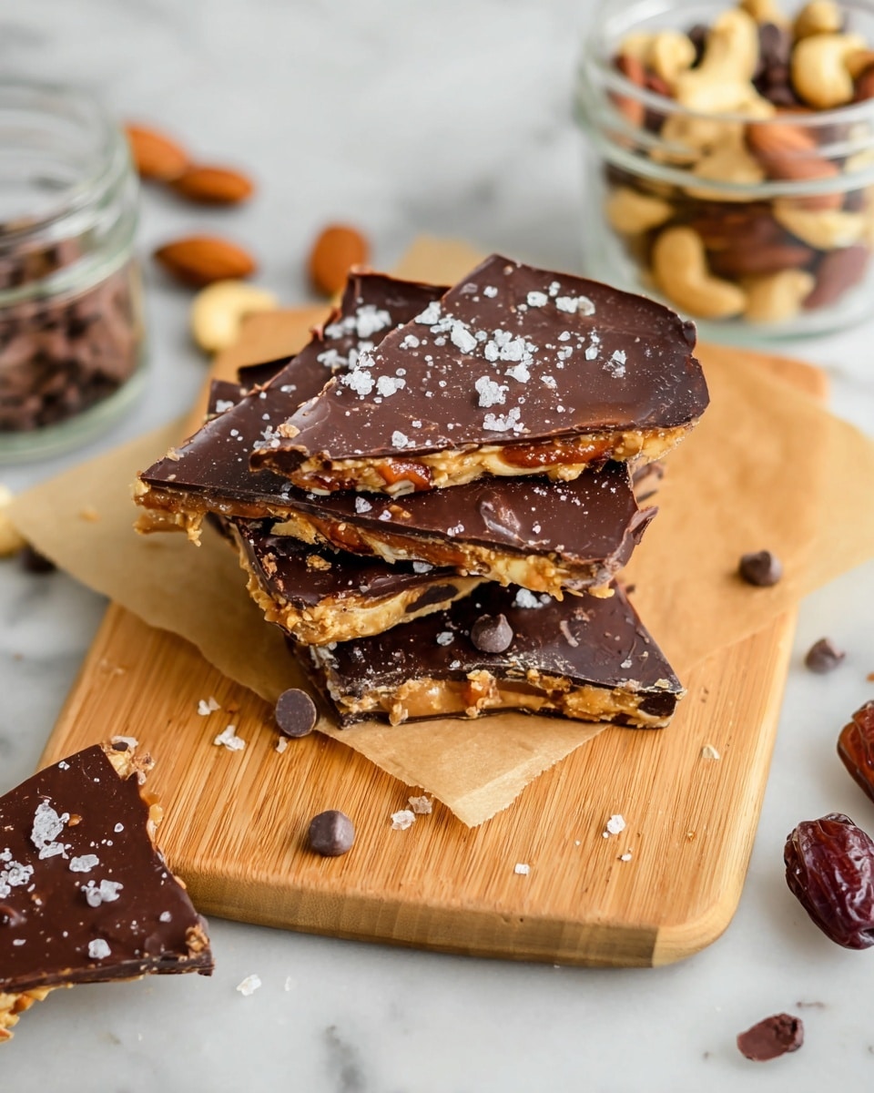 The image shows a stack of four square chocolate bark pieces on a light wooden board. Each piece has three visible layers: a thin, dark chocolate bottom layer, a thick caramel and nut middle layer with some peanuts visible, and a smooth milk chocolate top layer sprinkled with coarse salt. The edges of the bark pieces are uneven, showing the different textures of the layers. In the background, there is a jar filled with cocoa beans on a white marbled surface. photo taken with an iphone --ar 4:5 --v 7
