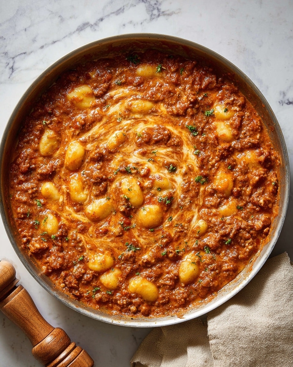 A shiny metal pan filled with thick, rich tomato sauce with visible chunks of soft pasta mixed in. A wooden spoon lifts a large spoonful of the mixture, showing melted cheese strands stretching down from the spoon back into the pan. The sauce is deep red with flecks of herbs and small pieces of pasta, creating a comforting, textured look. The background is dark, making the glossy sauce and cheese stand out boldly, with the pan resting on a white marbled surface. photo taken with an iphone --ar 4:5 --v 7