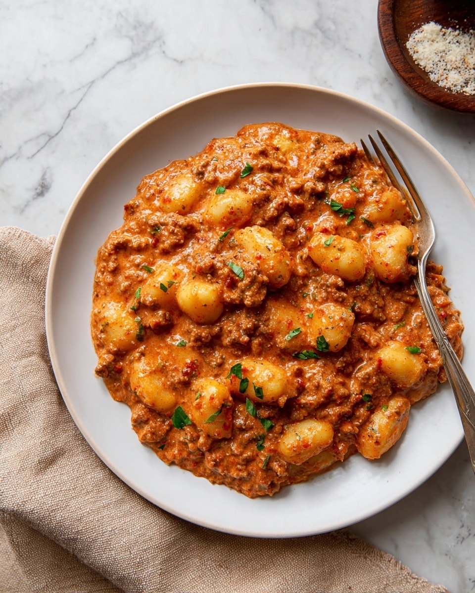The image shows a close-up of a round metal pan filled with a thick, rich gnocchi stew. The dish has two main layers: the first is a soft, yellowish gnocchi that looks plump and slightly shiny, spread evenly throughout. The second layer is a chunky, reddish-brown meat sauce mixed with melted cheese, which creates swirling patterns of creamy orange and brown colors on top. Small bits of green herbs are sprinkled over the stew for a touch of color. The pan rests on a white marbled surface, with a beige cloth partially under it on the right side and a wooden pepper grinder on the lower left corner. Photo taken with an iphone --ar 4:5 --v 7