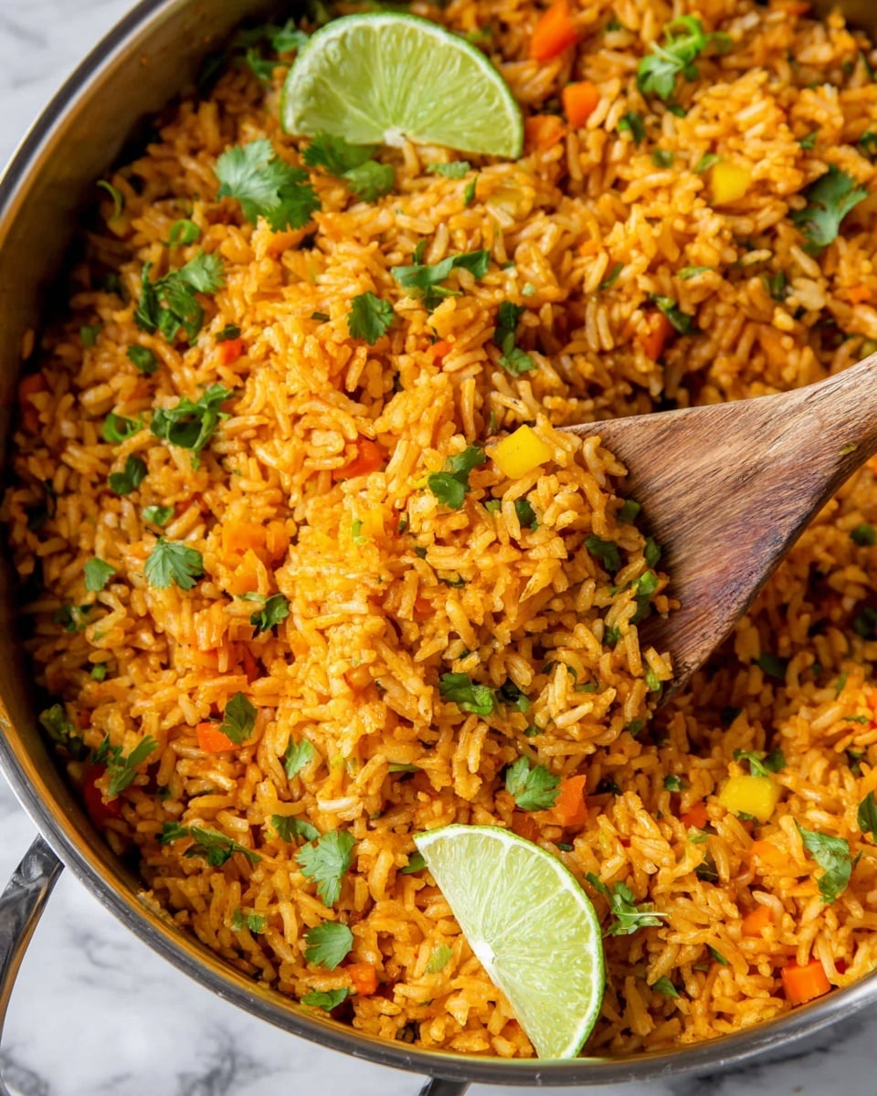 A close-up view of a single layer of orange-colored rice mixed with small pieces of yellow and orange vegetables in a round, metal pan. Two green lime wedges sit near the top center, and fresh green cilantro leaves are scattered across the rice. The pan rests on a light blue cloth, all set against a white marbled surface. photo taken with an iphone --ar 4:5 --v 7