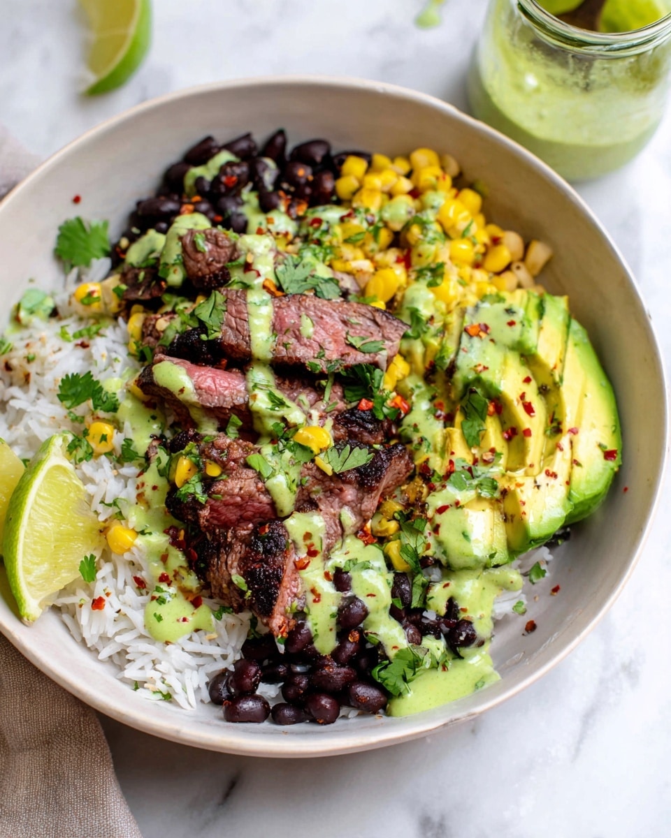 A white bowl holds a layered dish starting with a base of white rice on one side, topped with black beans in a dark purple color beside it. On top of the rice and beans sit grilled pieces of meat with char marks, surrounded by chunks of bright yellow corn and slices of light green avocado. The bowl is garnished with fresh green cilantro leaves and sprinkled with red chili flakes. A green sauce is drizzled over the entire dish, adding a smooth, creamy texture. Two green lime wedges rest on the edge of the bowl. The background is a white marbled surface, with a glass of green sauce and a small bowl of cilantro in the upper left area. A beige cloth is partially visible on the left side, and two silver forks lie on the right. photo taken with an iphone --ar 4:5 --v 7
