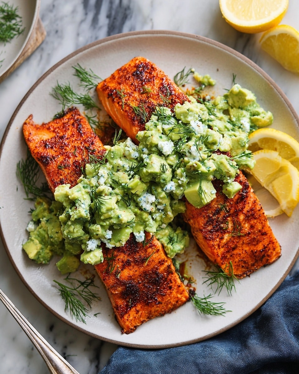 A white plate holds three rectangular pieces of cooked salmon with a rich reddish-orange color and a slightly charred texture on top, arranged in a loose cluster. Each piece is topped with chunky, pale green avocado mixed with white crumbly cheese and sprinkled with small dill sprigs and ground black pepper, adding texture and color contrast. To the plate's side is a wedge of lemon with a bright yellow skin and pale yellow inside. A silver spoon rests on the plate edge, partly holding some avocado mixture spilling onto the plate. The plate sits on a white marbled surface with scattered fresh dill and lemon slices around, with part of a gray bowl filled with more avocado and cheese mix seen in the upper left corner and a dark blue textured napkin partly visible at the bottom right. Photo taken with an iphone --ar 4:5 --v 7