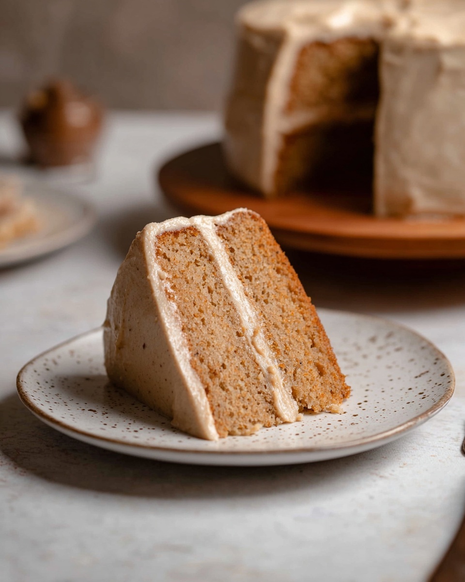 A round cake with three layers is covered in smooth light brown frosting that has a spiral texture on top, dusted lightly with cinnamon powder. The cake sits on a white marble plate, and the top is decorated with two cinnamon sticks and six star anise pieces arranged neatly on one side. The background is a warm wooden surface with blurred golden candle holders and a small white marble dish holding cinnamon sticks and star anise in the distance. The photo taken with an iphone --ar 4:5 --v 7