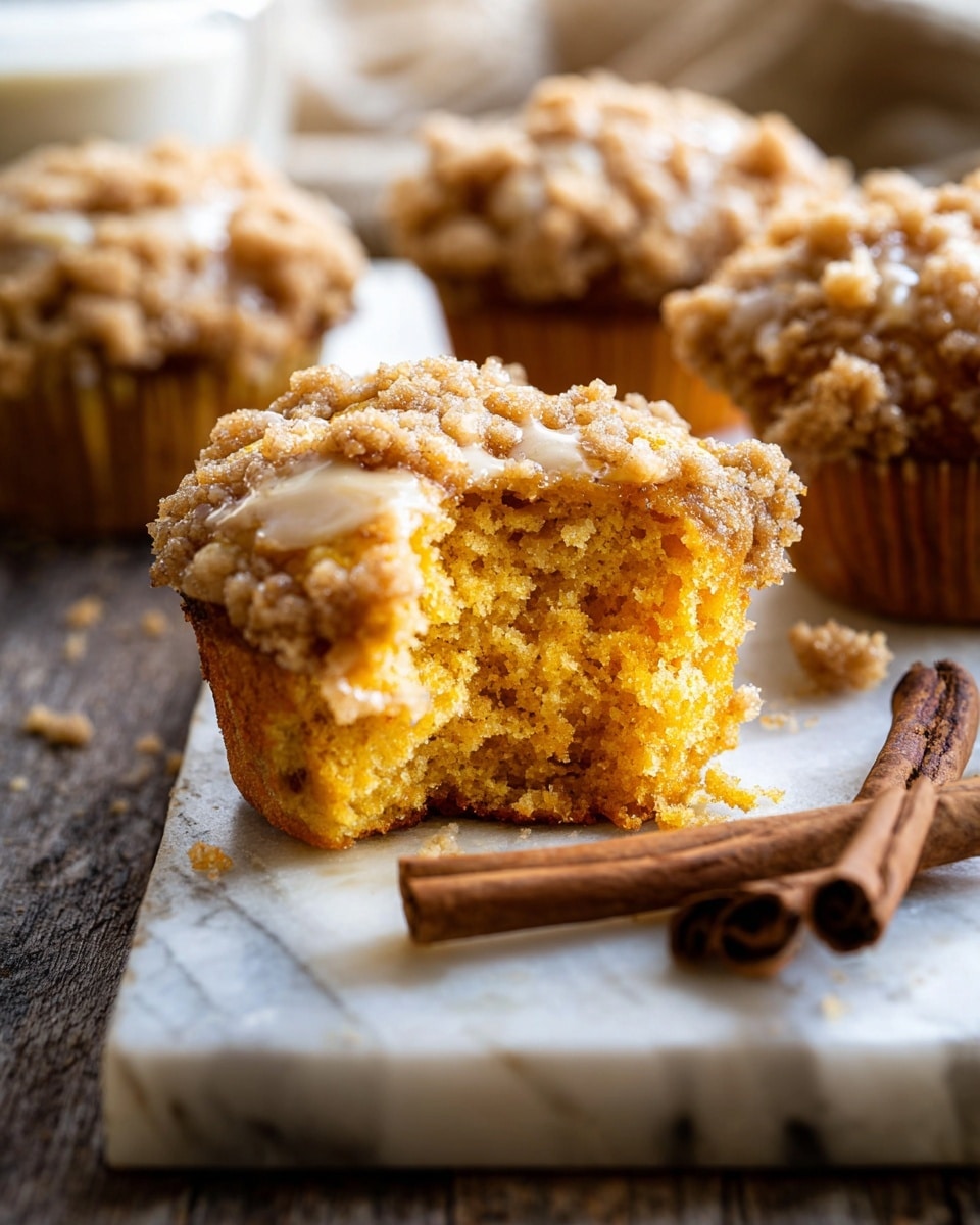 A close-up view of three muffins with a crumbly, golden-brown streusel topping, drizzled with a thin, shiny glaze that catches the light. Each muffin is wrapped in a yellow paper liner that is slightly peeled back at the bottom, showing the soft, moist texture of the muffin inside, which has a warm orange-yellow color. The muffins sit on a white marbled board with some spilled glaze on it. Two cinnamon sticks lie on the board next to the muffins. The background shows a wooden table with soft natural light creating a warm atmosphere. Photo taken with an iphone --ar 4:5 --v 7