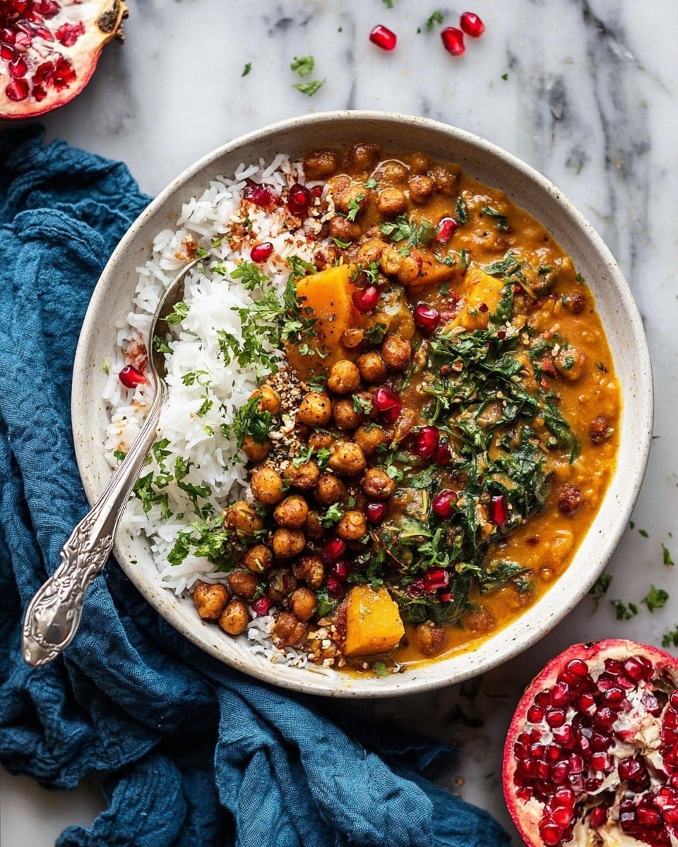 A bowl with two main layers: on the left, a mound of white rice topped with green chopped herbs and roasted dark brown chickpeas, and on the right, a creamy orange curry with visible lentils and chunks of light orange vegetables, also sprinkled with chopped green herbs. Bright red pomegranate seeds are scattered over both sides. A silver spoon rests inside the bowl on the right. The bowl is on a white marbled surface with a blue cloth on the left and half of a pomegranate with loose seeds on the top right. Some scattered herbs and chickpeas are around the bowl. Photo taken with an iphone --ar 4:5 --v 7