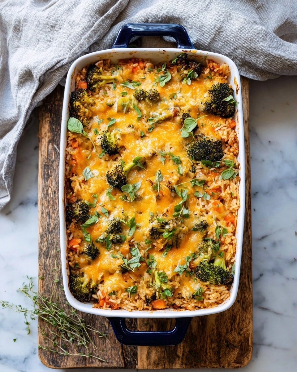 A white rectangular casserole dish with dark blue handles holds a baked layered casserole. The bottom layer is rice mixed with small pieces of carrots, visible through the top layers. On top of the rice, there are green broccoli florets spread evenly. The top layer is golden melted cheese with a slightly crispy texture, covering the broccoli and rice. Fresh green herbs are scattered on top as garnish. The dish sits on a worn wooden board, placed on a white marbled surface with a light gray cloth in the background. Photo taken with an iphone --ar 4:5 --v 7