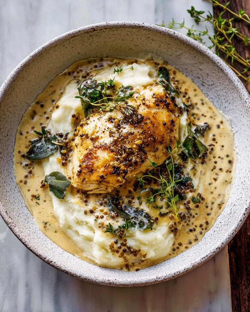 Two white bowls filled with a creamy, light beige sauce base, with scattered dark green sautéed leafy vegetables around the edges. Each bowl holds a golden-brown seared chicken piece in the center, sprinkled with coarse salt and herbs. Fresh green thyme sprigs rest on top of the chicken and sauce adding bright color. A vintage fork is placed in one bowl. The setup is on a rustic wooden surface with white linen cloth and two clear glasses filled with a pale drink nearby. photo taken with an iphone --ar 4:5 --v 7
