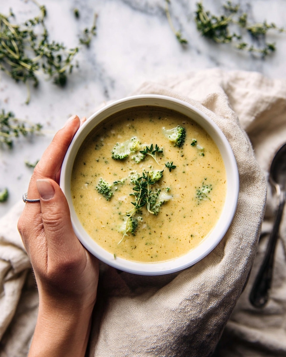 A white bowl holds creamy yellow broccoli soup with small green broccoli pieces and a few sprigs of fresh green herbs on top. The bowl is wrapped in a soft beige cloth, held gently by a woman's hand. The background is a white marbled surface with some green herbs scattered around. The lighting is soft and natural, giving a warm and cozy feel to the image photo taken with an iphone --ar 4:5 --v 7