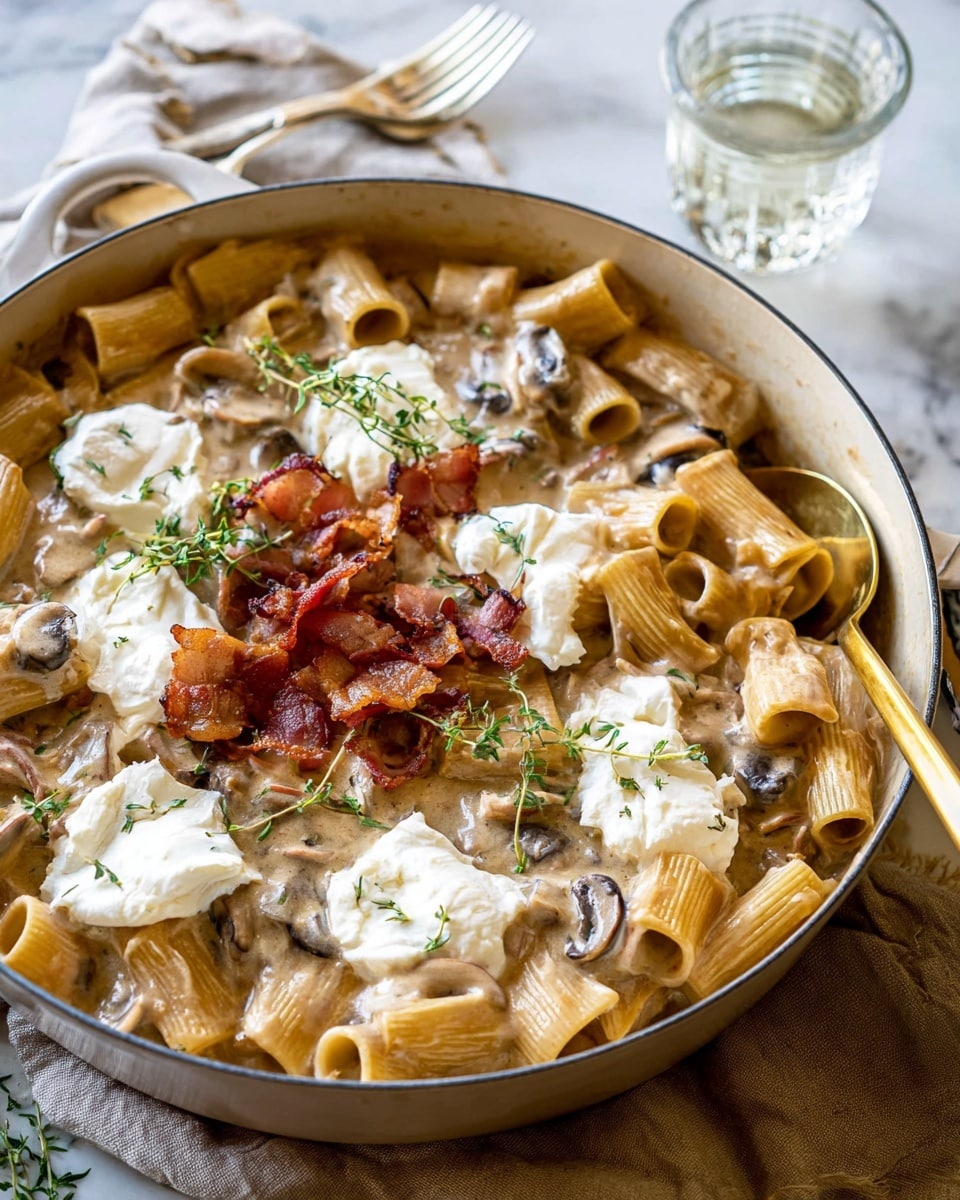 This dish shows a large white pan filled with short wide tube pasta in a light creamy sauce with pieces of mushrooms visible under the pasta. On top, there are dollops of soft white cheese spread unevenly. Crispy thin reddish-brown bacon pieces are scattered across the pasta, adding texture and contrast. Small green herb sprigs are sprinkled on the top for decoration. A gold spoon rests inside the pan on the right side. The pan sits on a white marbled surface with a soft white towel underneath and two clear textured glasses filled with a light drink in the background. photo taken with an iphone --ar 4:5 --v 7