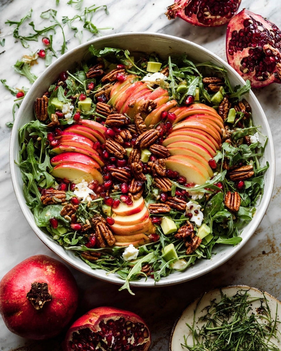 A white bowl filled with a fresh salad sits on a white marbled surface. The salad has a base layer of dark green arugula leaves, topped with thinly sliced red and yellow apple halves arranged in overlapping rows across the center. Scattered evenly are deep red pomegranate seeds and small chunks of white cheese, creating bright spots of color. There are also roasted pecan halves and pumpkin seeds giving a rich brown, crunchy texture. Small light green pieces of avocado are tucked between the layers. Around the bowl, some pomegranate halves with shiny, dark seeds rest on a small white plate with sprigs of fresh green herbs. photo taken with an iphone --ar 4:5 --v 7