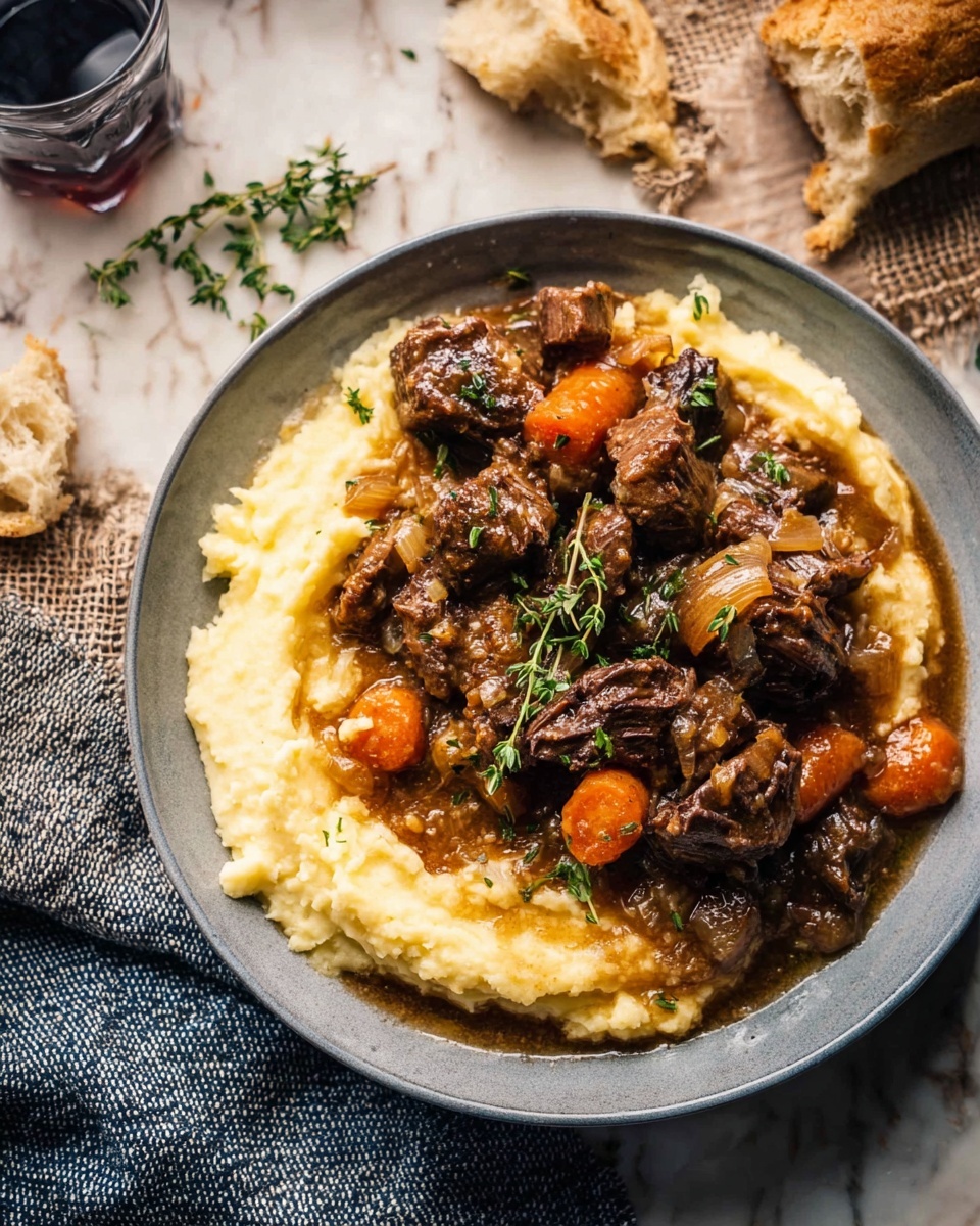 A deep white plate sits on a white marbled surface, filled with two main layers. The bottom layer is smooth, creamy mashed potatoes, pale yellow in color, spread evenly on the plate. On top are chunks of dark brown beef with a shiny, rich gravy covering them, mixed with bright orange carrot pieces and translucent cooked onions. Small fresh green thyme sprigs are scattered over the dish for a fresh touch. A silver fork rests on the right edge of the plate. Photo taken with an iphone --ar 4:5 --v 7