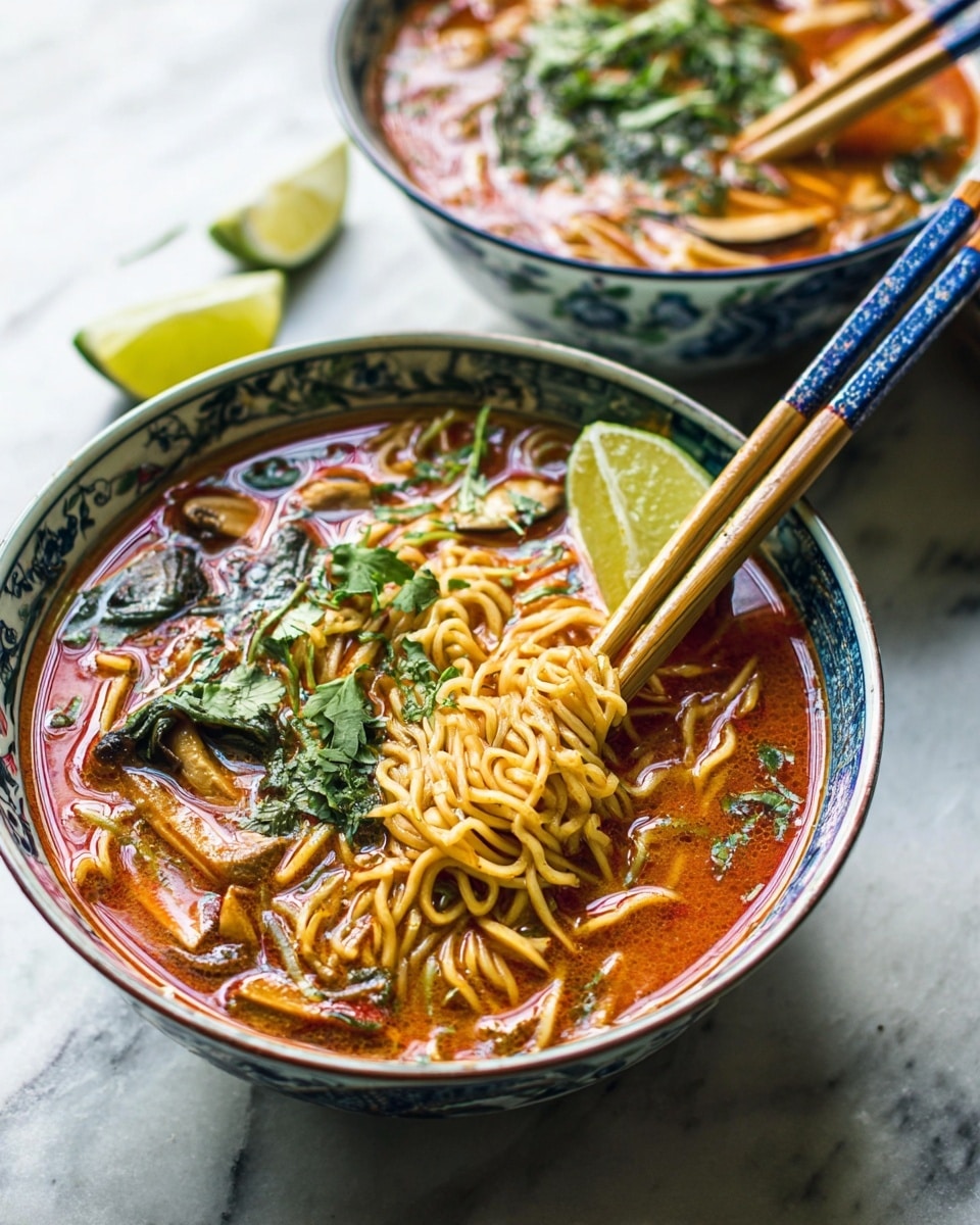 Two bowls of spicy noodle soup sit on a white marbled surface, each filled with rich reddish-brown broth that holds light tan noodles intertwined with pieces of mushrooms and bits of red peppers. On top of the noodles, there are bright green chopped herbs and whole cilantro leaves, with lime wedges adding a fresh touch. One bowl is white with a simple blue leaf pattern on the rim, and light wooden chopsticks with blue and white floral designs rest on its edge. The other bowl is a solid dark color, also holding light wooden chopsticks. Scattered peanuts and sprigs of fresh cilantro lie around the bowls, enhancing the fresh and hearty look of the dish. Photo taken with an iphone --ar 4:5 --v 7