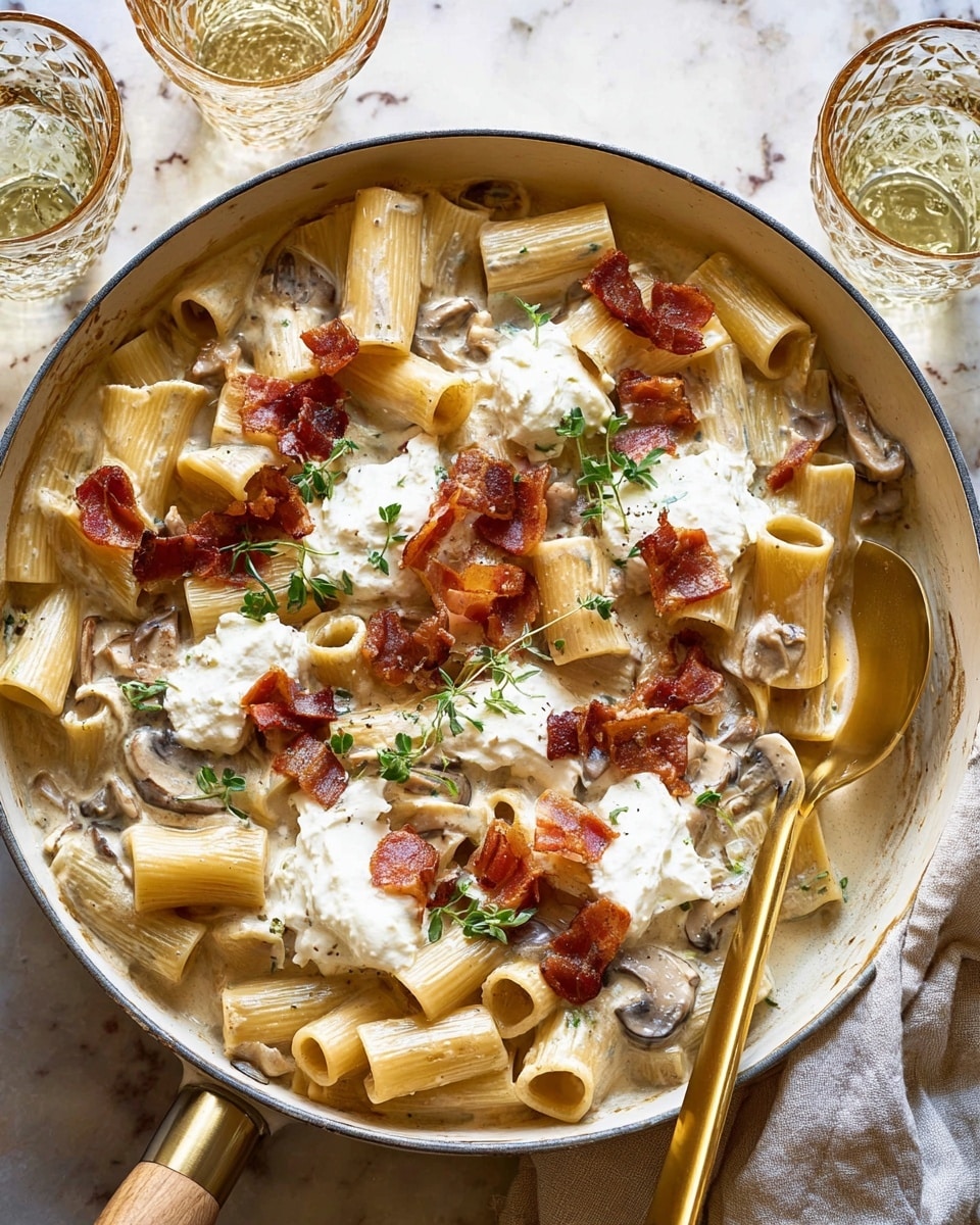 In a white deep pan, there is a creamy pasta dish with three main layers: the bottom layer has rigatoni pasta with a light brown creamy sauce mixed with mushroom slices and thin onion strips, the middle layer features dollops of white soft cheese placed evenly on top of the pasta, and the top layer shows crispy reddish-brown bacon pieces and small green herb sprigs scattered over the cheese and pasta. A gold spoon is partially visible on the right side inside the pan. The pan sits on a light beige cloth on a white marbled surface, with a clear glass of water and silver fork above it in the background. Photo taken with an iphone --ar 4:5 --v 7