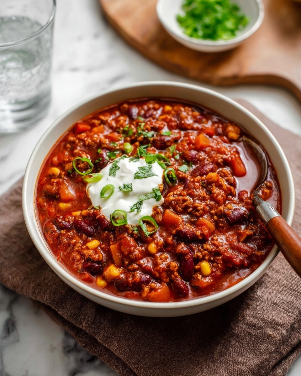 A close-up of thick chili inside a white crockpot, showing multiple layers of ingredients mixed together. The base layer is a rich dark red tomato sauce with small chunks of minced meat, adding a coarse texture. Mixed throughout are bright yellow corn kernels, dark red kidney beans, and soft orange sweet potato cubes. Bits of green pepper and translucent onion pieces add color contrasts and texture. A silver ladle is scooping a portion of the chili, showing the thick mix and chunky consistency of the ingredients. The background is a white marbled texture. photo taken with an iphone --ar 4:5 --v 7