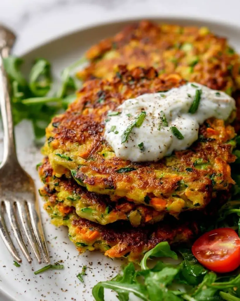 Zucchini & Sweet Potato Fritters with Garlic Herb Yogurt Sauce Recipe