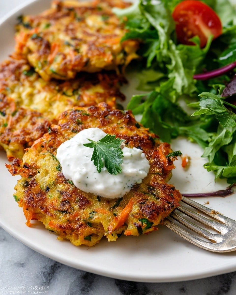 A white plate holds seven golden-brown fritters with green herbs and finely shredded orange bits visible inside. Each fritter has a crispy texture with darker brown edges and an uneven circular shape. On top of four fritters, there is a small dollop of white creamy sauce, slightly seasoned with black specks. Small sprigs of fresh green parsley are scattered on the fritters and plate for decoration. The setting includes a white marbled surface underneath with a soft green cloth partially visible on the upper right side. photo taken with an iphone --ar 4:5 --v 7