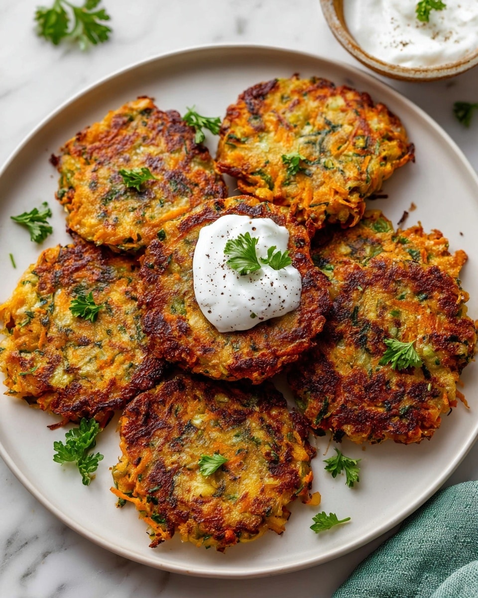 The image shows two golden-brown vegetable fritters stacked on each other on a white plate, each fritter having a crispy texture with green and orange bits visible inside, likely from zucchini and carrots. The top fritter is topped with a dollop of white creamy sauce sprinkled with black pepper and small green herbs. On the right side of the plate, there is a small bunch of fresh green leaves, possibly arugula, with a couple of red cherry tomatoes. A silver fork is positioned on the left side of the plate, all set against a white marbled surface. photo taken with an iphone --ar 4:5 --v 7