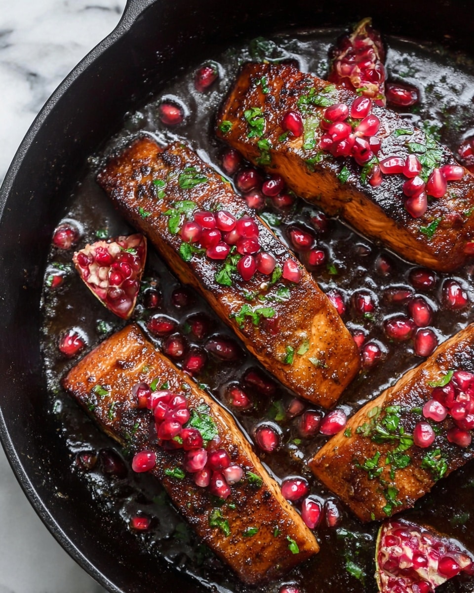 The image shows four browned salmon fillets in a black cast iron pan, arranged close to each other with a shiny, dark sauce around them. Bright red pomegranate seeds are scattered on top of each fillet and in the sauce, adding a fresh and juicy look. Small green herb pieces are sprinkled over the salmon, adding a touch of green. There are also some small open pieces of pomegranate on top of and near the salmon. The background is a white marbled texture. Photo taken with an iphone --ar 4:5 --v 7