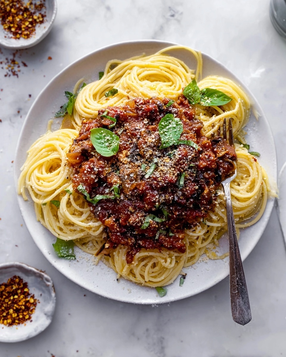 A white plate holds a round mound of pale yellow spaghetti, loosely coiled in several thick layers, topped with a chunky dark brown and reddish sauce with visible bits of mushrooms and tomato. Green basil leaves are scattered on top, and a light sprinkle of grated cheese and black pepper dusts the entire dish. A silver fork rests on the plate's edge. The plate is placed on a white marbled surface with a small white dish of red pepper flakes visible nearby. Photo taken with an iphone --ar 4:5 --v 7