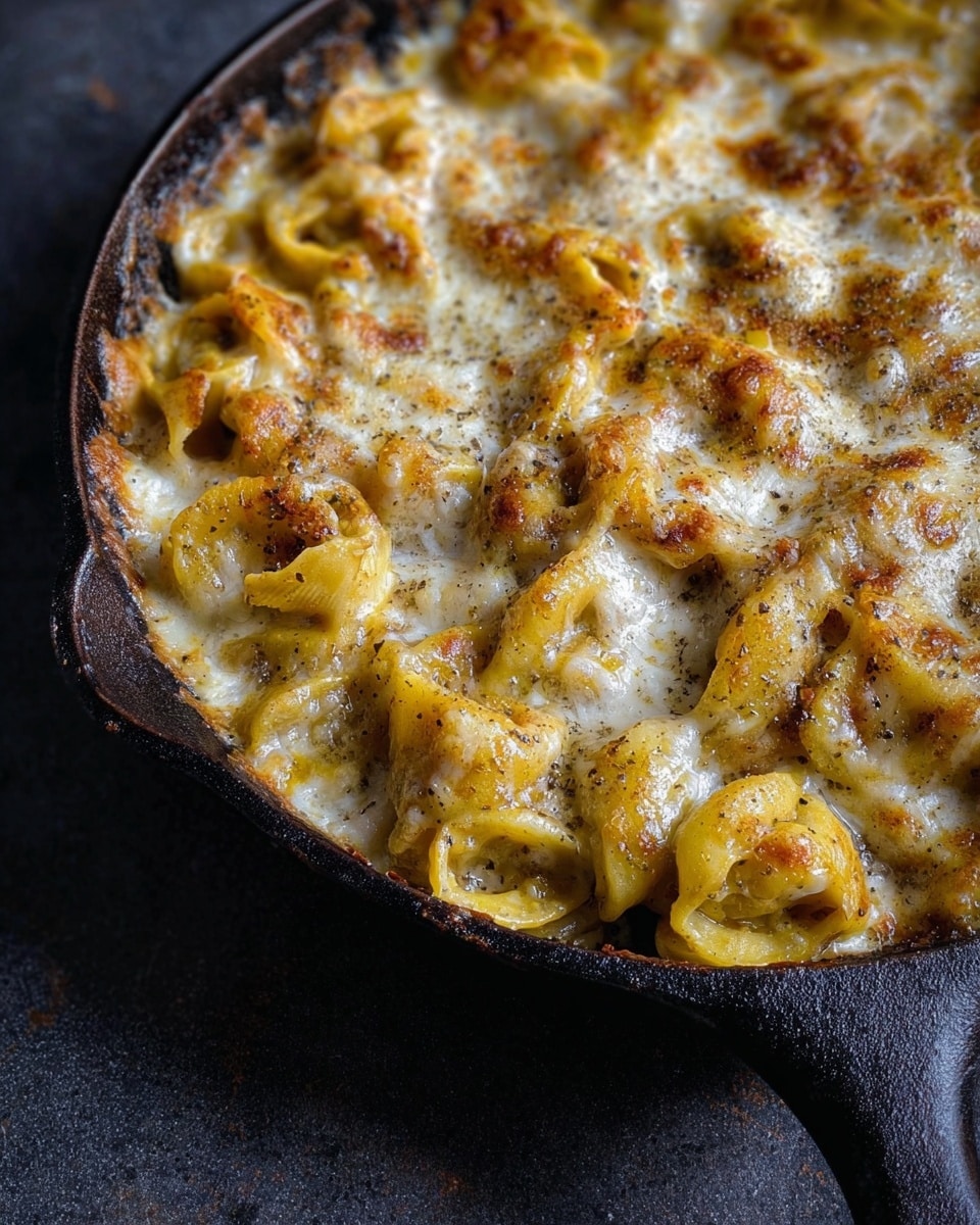 The image shows a cast iron pan filled with a creamy, baked pasta dish. The top layer is melted white cheese with a slightly golden brown crust in some spots, covering the small folded pasta shapes that are yellow and soft. Some pasta pieces peek through the cheese with a smooth and slightly saucy texture under the cheese layer. The pan rests on a dark surface. photo taken with an iphone --ar 4:5 --v 7