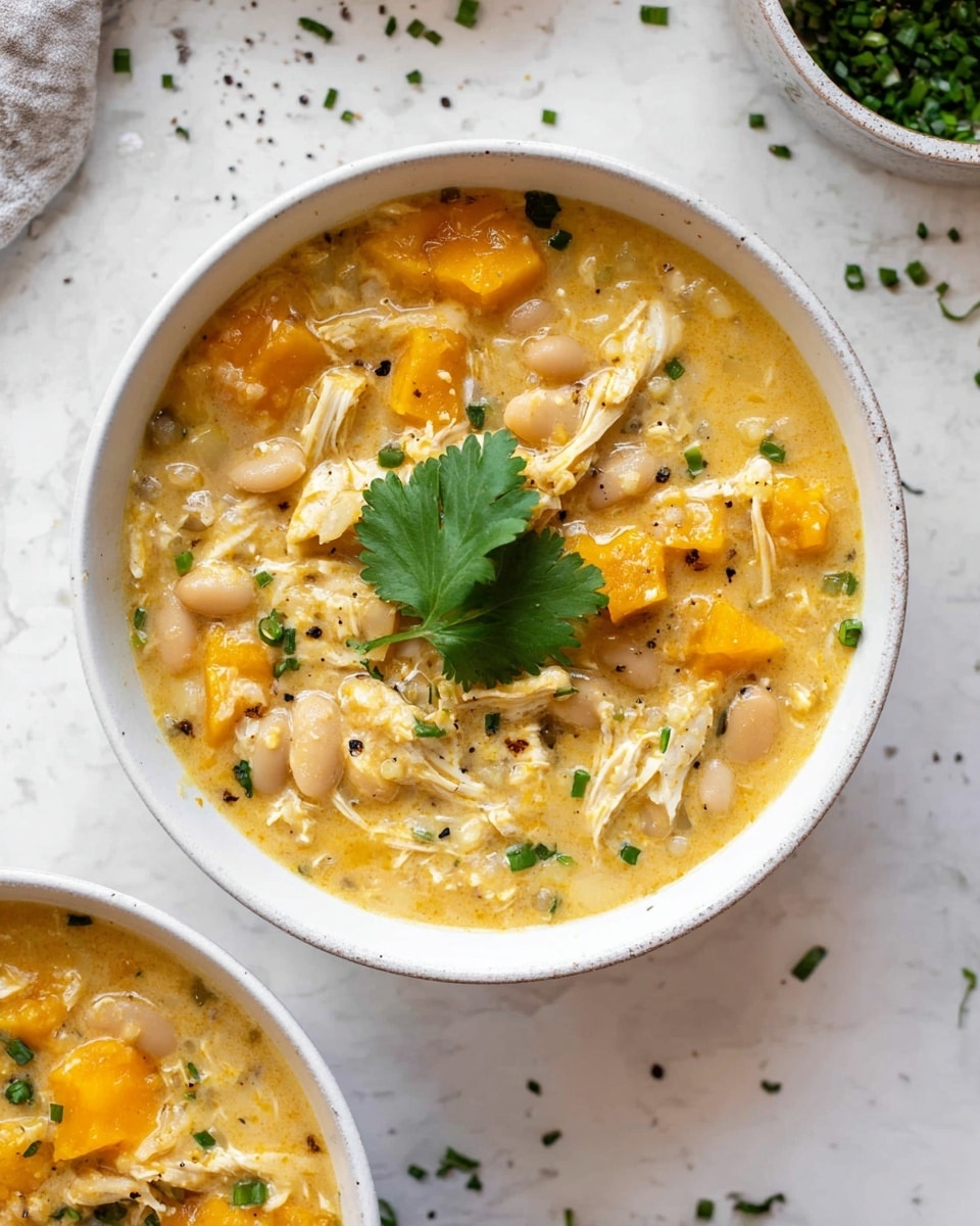 A white bowl filled with thick creamy soup that has visible chunks of orange sweet potatoes and off-white beans mixed throughout. On top, there is a dollop of white sour cream, sprinkled with finely chopped green chives and small pieces of yellow crushed chips. A few green cilantro leaves rest near the sour cream. A silver spoon with a long handle rests inside the bowl on the right side. The bowl is set on a white marbled surface with some scattered triangular crushed chips and green chives around. Photo taken with an iphone --ar 4:5 --v 7