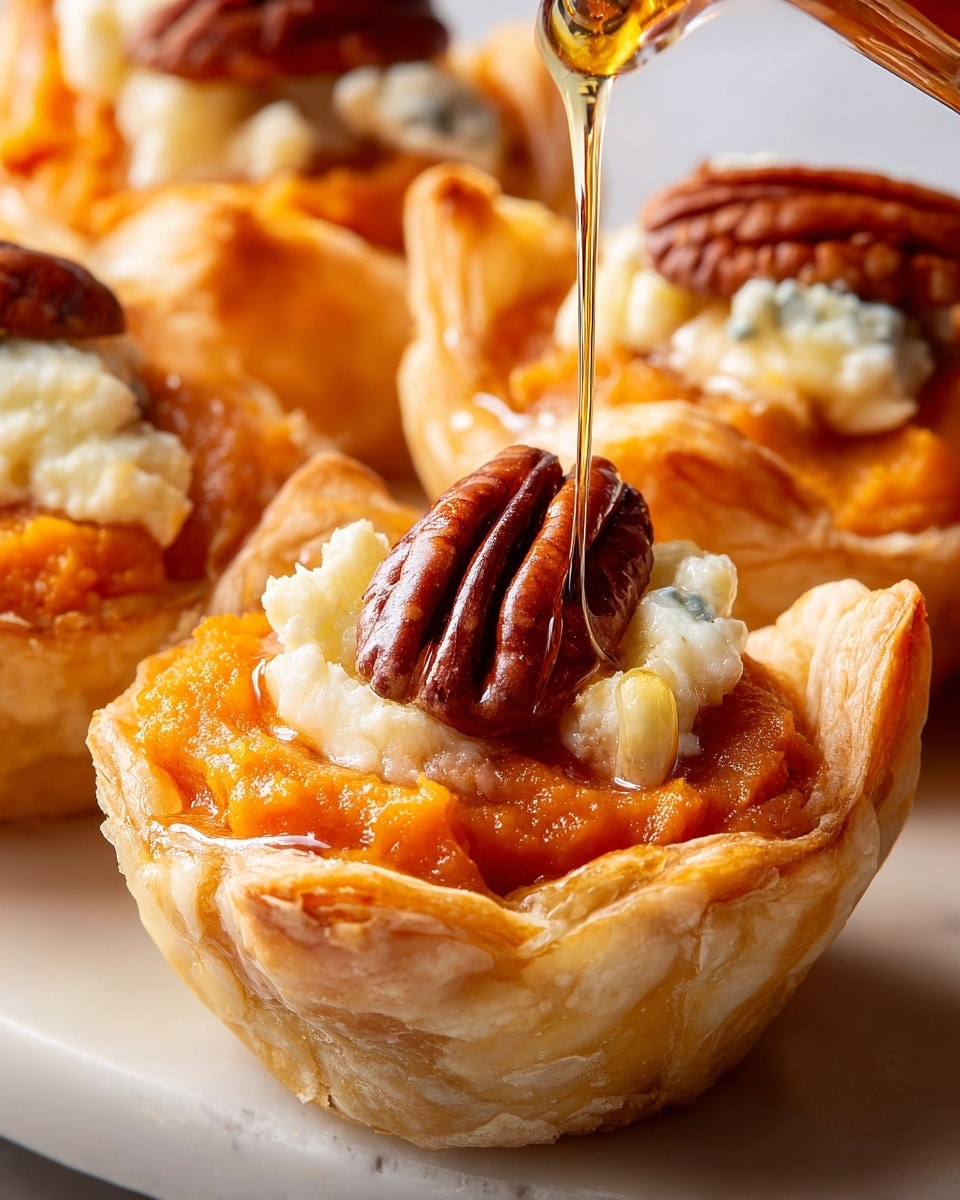 The image shows several small puff pastry cups with three main layers. The bottom layer is a golden-brown crispy pastry shell. Inside the shell is a thick, orange sweet potato filling with a smooth but slightly chunky texture. On top of the filling, there is a small dollop of melted white cheese that looks soft and creamy. Each cup is decorated with one whole glossy brown pecan placed in the center. A golden syrup is being poured slowly over the pecan, adding a shiny layer on top. The pastries sit on a white marbled surface, and the shot is close up, showing the details of the textures and colors closely. Photo taken with an iphone --ar 4:5 --v 7