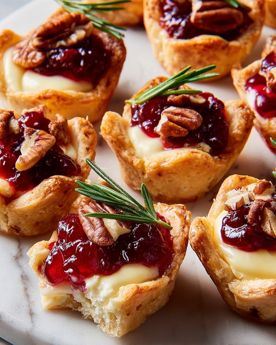 The image shows several small tartlets arranged closely on a white marbled surface. Each tartlet has a golden-brown crust forming a cup shape as the base layer, filled with soft melted creamy cheese with a smooth texture. On top of the cheese is a bright red dollop of thick cranberry sauce that adds a shiny and slightly chunky layer. Each tartlet is garnished with small pieces of brown pecans and a fresh green sprig of rosemary, adding texture and color contrast. One tartlet in the front has a woman's hand gently holding it, lifting it slightly to show the creamy cheese and layers inside. Photo taken with an iphone --ar 4:5 --v 7