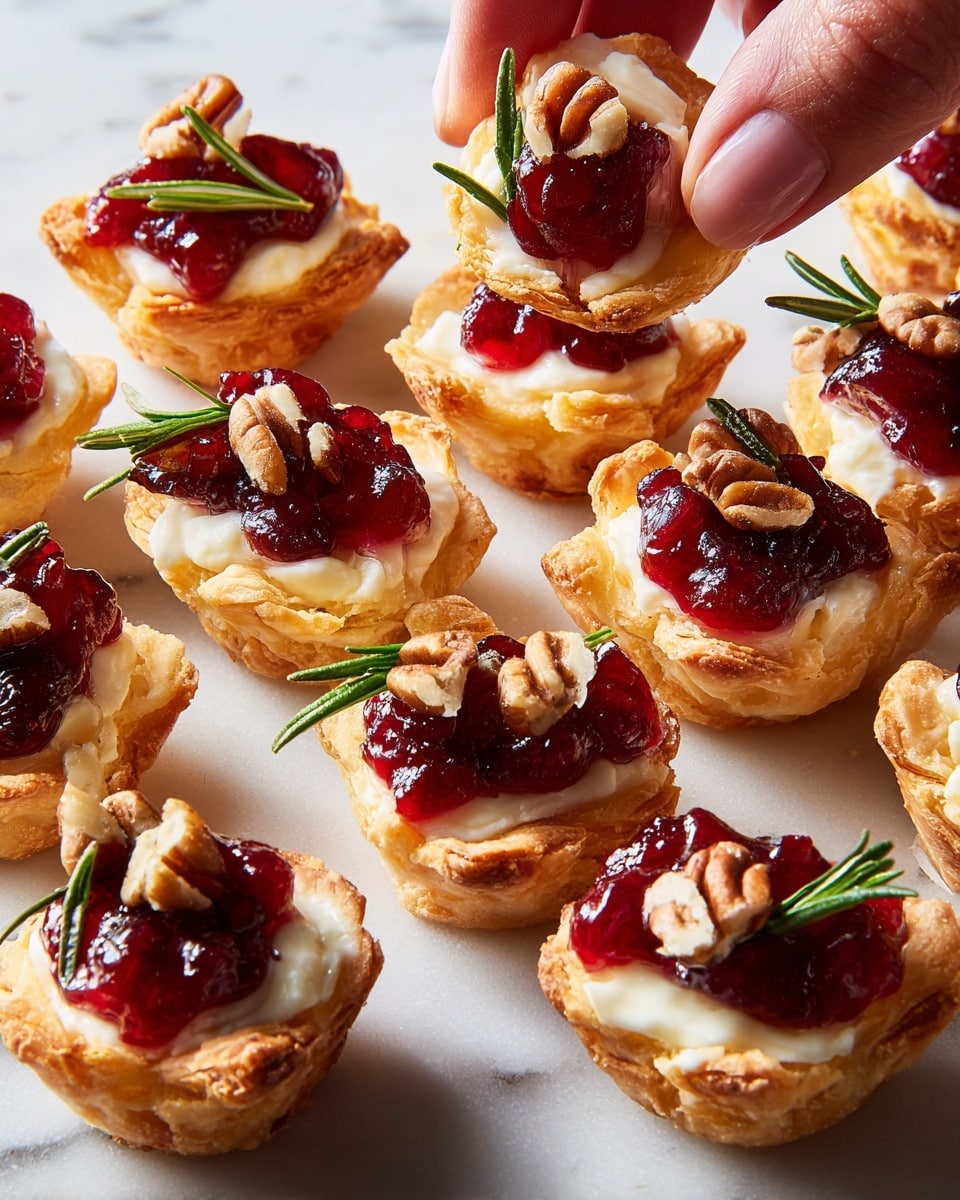 The image shows many small bite-sized appetizers on a white marbled surface. Each piece has three layers: the base is a light golden, flaky pastry shaped like a small cup with slightly folded edges; the middle layer is creamy white cheese that appears soft and melted; the top layer consists of vibrant red cranberry sauce with a jelly-like texture, a few brown pecan halves scattered on top, and a small fresh green rosemary sprig placed as garnish. The appetizers are arranged in a loose cluster with some crumbs around them. photo taken with an iphone --ar 4:5 --v 7
