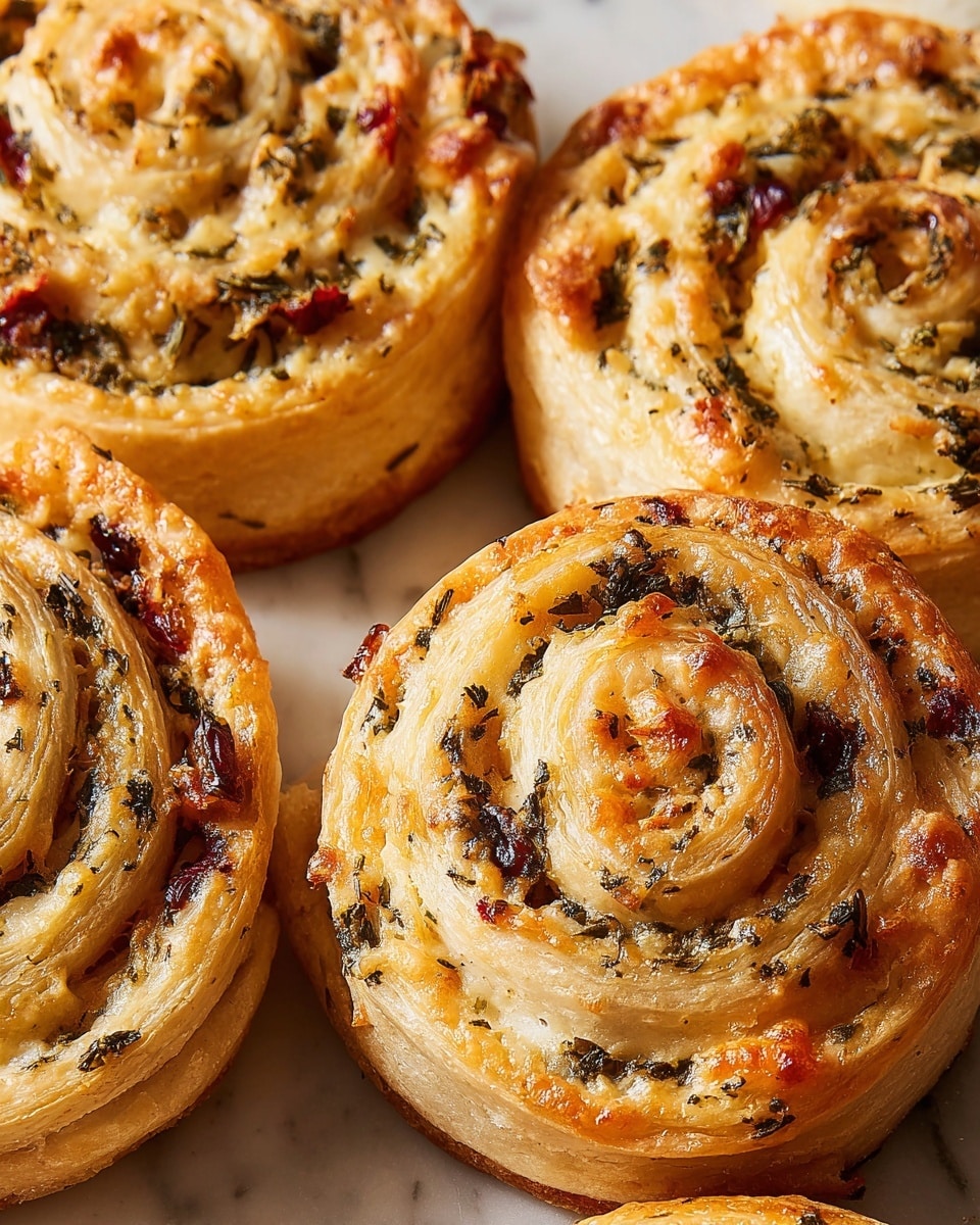 A close-up view of multiple golden brown puff pastry pinwheels arranged closely on a dark tray, each pinwheel showing three to four visible spiraled layers of flaky, crispy dough swirled with a filling of finely chopped dark green herbs, small pieces of black olives, and tiny red bits that look like roasted peppers or sun-dried tomatoes. The outermost layer is crisp and slightly browned, while the inner layers are lighter yellow with a soft texture filled evenly with the colorful filling. The pinwheels are irregularly shaped, emphasizing their homemade look, and the background is a white marbled texture photo taken with an iphone --ar 4:5 --v 7