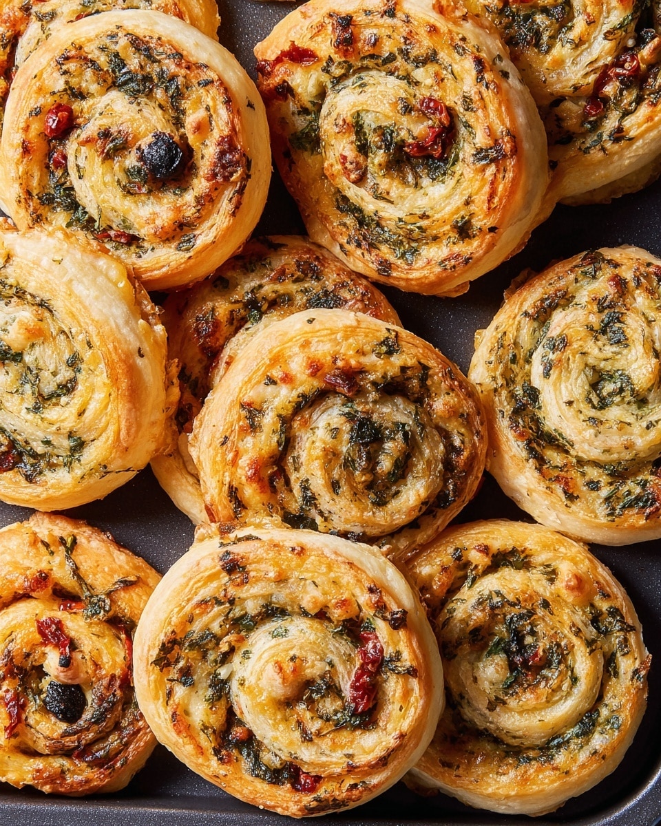 The image shows close-up swirled pastry buns with golden baked layers. Each bun has multiple layers of light golden brown dough with a slightly flaky texture. Spread inside the layers is a mix of creamy, cheesy filling mingled with small pieces of red pepper and dark leafy herbs, which add specks of red, green, and black throughout the light filling. The buns are placed closely together on a white marbled surface, showing slight crispiness on the outer edges. The photo focuses on the round, spiral shape and the contrast between the soft dough and textured filling, photo taken with an iphone --ar 4:5 --v 7