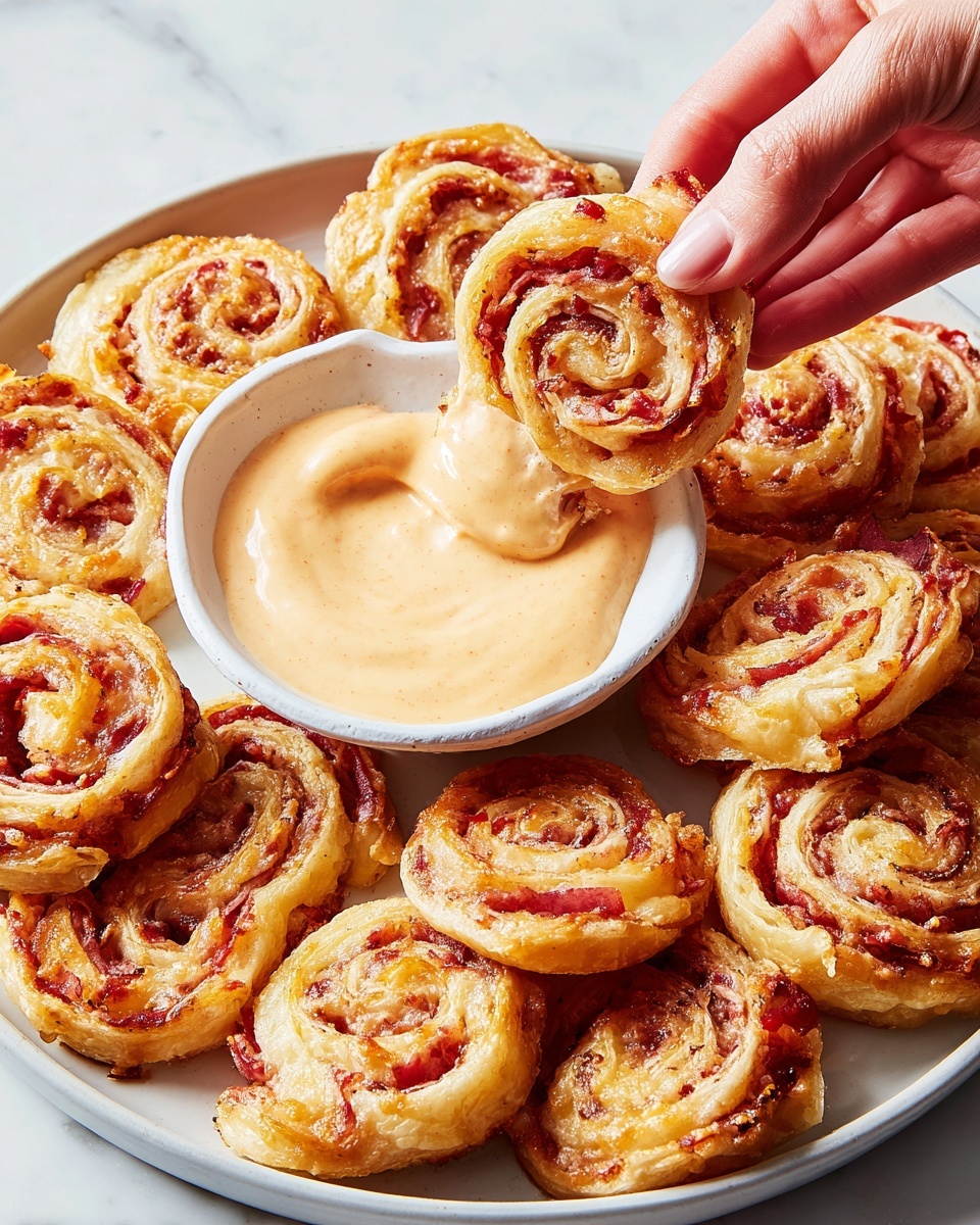 A white plate is full of small spiral rolls, each with two visible layers: an outer light golden brown dough with a slightly crispy texture, and an inner deep red meat layer that forms a tight swirl inside. The rolls look freshly baked with a slight shine on the dough. To the right side, a woman's hand is holding one roll and dipping it into a white bowl filled with a smooth, creamy sauce colored light orange with small darker bits. The plate and bowl rest on a white marbled surface. photo taken with an iphone --ar 4:5 --v 7