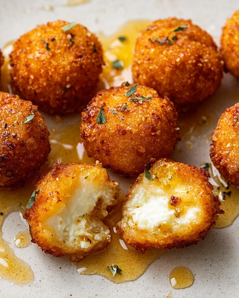 The image shows two golden brown fried rounds stacked on a white plate, with the top round covered in a shiny drizzle of honey flowing from a spoon held above. One of the rounds is broken open to show a white, creamy filling inside, and small green herb leaves sprinkled on the surface add color contrast. The plate sits on a white marbled surface. Photo taken with an iphone --ar 4:5 --v 7