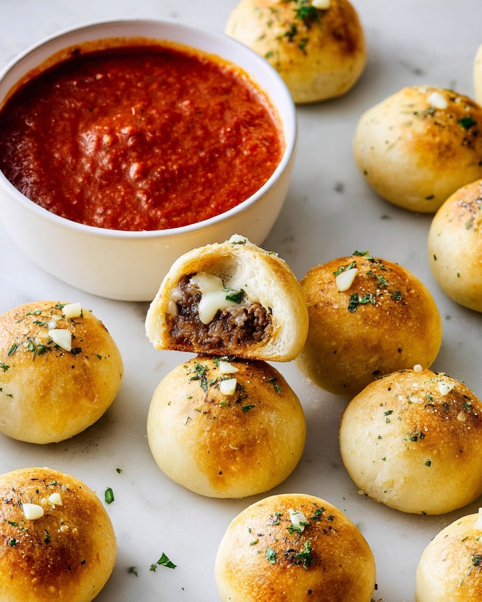 Round golden brown bread balls are scattered on a white marbled surface, each topped with small bits of chopped garlic and green herbs. One bread ball in the lower center is split open, showing a filling that includes a dark brown cooked meat layer and a white creamy layer inside. To the right, there is a white bowl filled with bright red tomato sauce, with one bread ball half-dipped into the sauce, exposing the meat and cream filling. The bread balls have a shiny, slightly crispy outer crust with a soft texture. Photo taken with an iphone --ar 4:5 --v 7