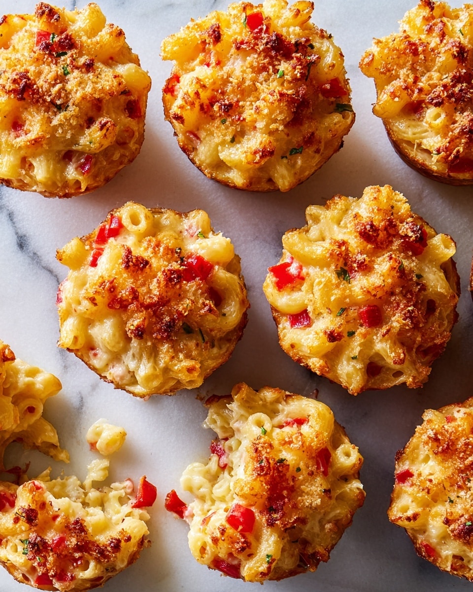 A close-up of three mac and cheese cups lined with red pepperoni slices around the edges, sitting on a white marbled surface. Each cup has a golden top layer of melted and slightly browned cheese with small green basil leaves and bits of red pepperoni scattered on top. A woman's hand is holding one cup, lifting it gently to show the cheesy, creamy macaroni inside with a light golden texture. The background is softly blurred, highlighting the warm and crispy texture of the mac and cheese cups photo taken with an iphone --ar 4:5 --v 7