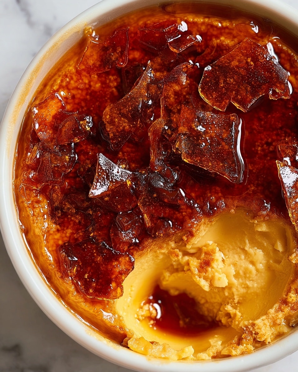 The image shows three white ramekins filled with caramelized custard desserts placed on a rustic wooden surface. Each ramekin has a smooth, shiny caramelized top layer that varies in color from rich amber to dark brown. The middle ramekin has a small dollop of whipped cream dusted with a light sprinkle of brown powder, sitting on top of the caramel layer. The left ramekin is partially eaten, revealing a soft, creamy custard layer beneath the caramelized crust. A silver spoon with remnants of the dessert is placed nearby, with some crumbs scattered around. photo taken with an iphone --ar 4:5 --v 7