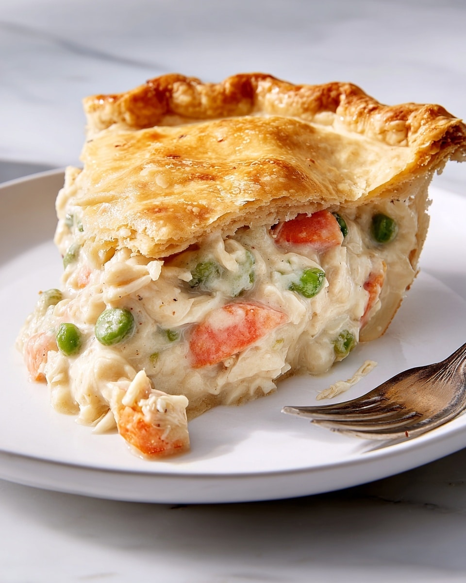 A thick slice of chicken pot pie sits on a white plate on a white marbled surface. The pie has two main layers: a top crust and a filling. The top crust is golden brown, flaky, and slightly puffy with a textured surface. The filling below is creamy white with chunks of orange carrots and green peas mixed in, showing a soft, moist texture. There is a small piece of filling on the plate near the edge. A silver fork lies to the right side of the plate. Photo taken with an iphone --ar 4:5 --v 7