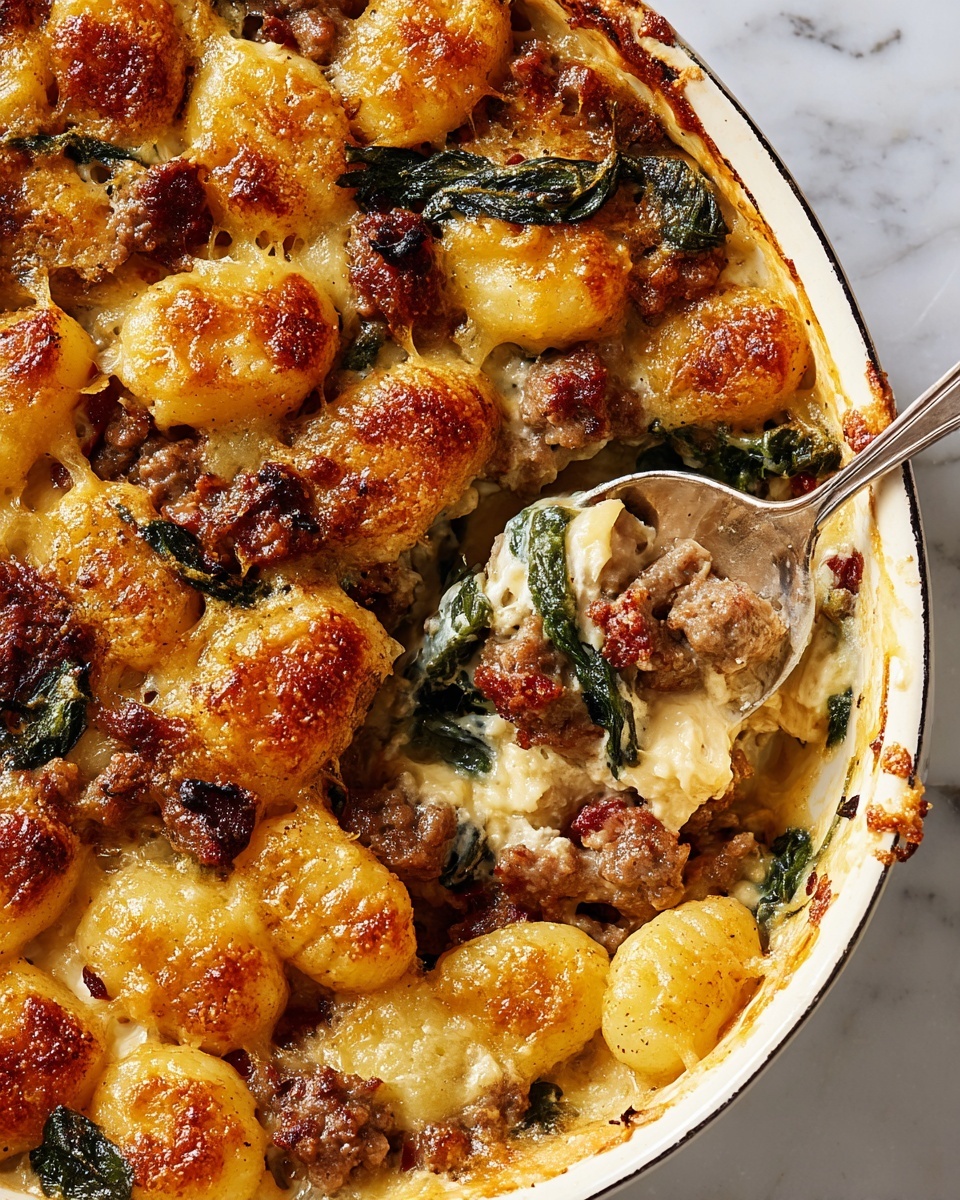 A white baking dish filled with a baked gnocchi casserole that has about three main visible layers. The top layer is golden-brown gnocchi pieces with a slightly crispy texture, lightly browned on the edges. Interspersed among the gnocchi are chunks of browned sausage with a crispy surface. Green spinach leaves peek through the gnocchi and sausage, adding contrast. The bottom creamy sauce layer, partly visible around the edges, holds the ingredients together with a light, smooth texture. The dish is set on a white marbled surface. photo taken with an iphone --ar 4:5 --v 7