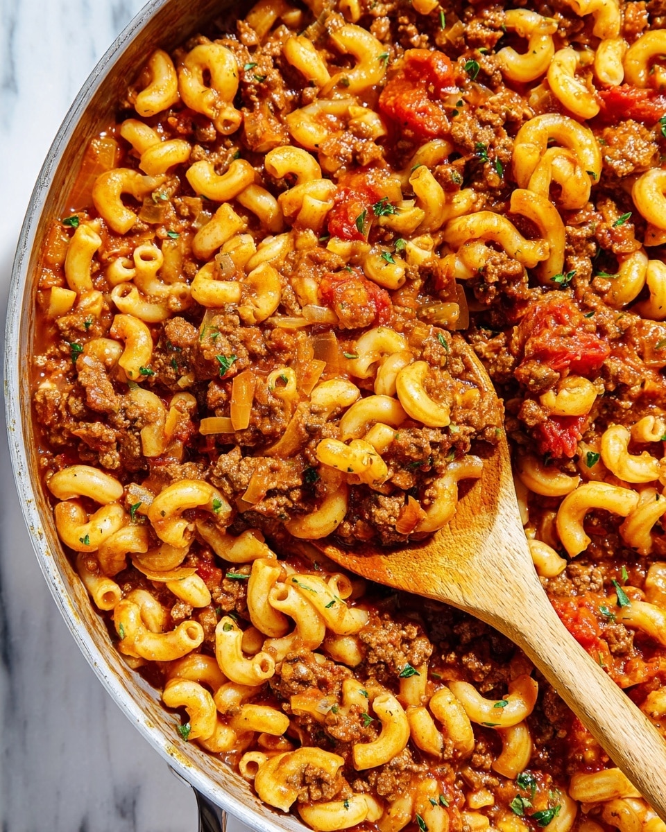 A close-up view of a one-layer dish showing small elbow macaroni mixed with browned ground meat and a red tomato-based sauce, all coated in a glossy texture. The pasta and meat are evenly combined with small pieces of chopped green herbs sprinkled on top, providing a fresh contrast to the warm orange and brown colors. A wooden spoon is partly visible stirring the mixture, resting on a white marbled surface. Photo taken with an iphone --ar 4:5 --v 7