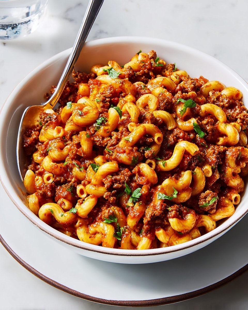 A white bowl is filled with a layered pasta dish, starting with a base of curly elbow macaroni that is covered in a thick, reddish-brown meat sauce mixed with small chunks of browned ground meat. The pasta is coated evenly with the sauce, giving it a moist and slightly glossy look. Scattered on top are small pieces of bright green parsley, adding a fresh color contrast. A silver spoon peeks out from the left side of the bowl. The bowl sits on a matching white plate with a subtle brown trim, all placed on a white marbled surface. Photo taken with an iphone --ar 4:5 --v 7