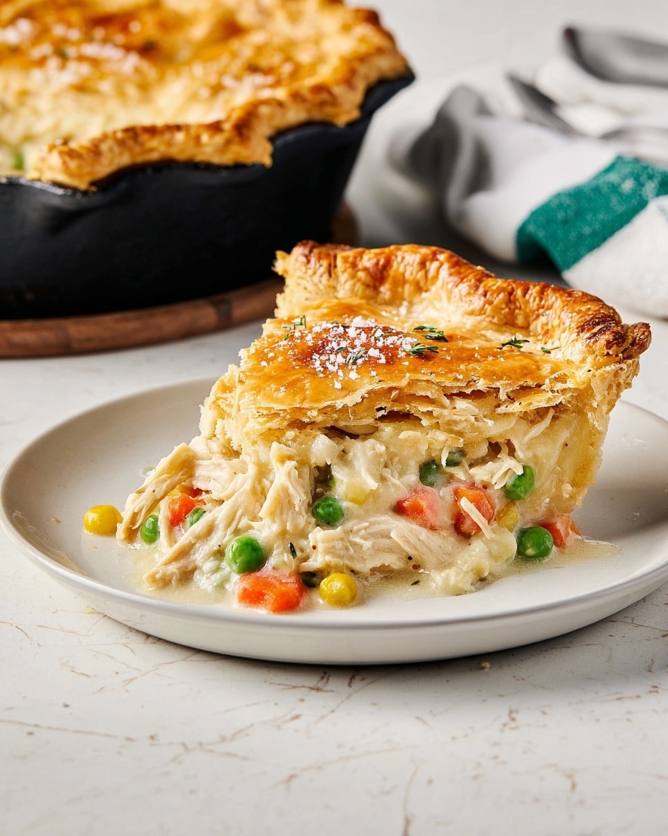 A slice of creamy chicken pot pie is shown on a white plate on a white marbled surface. The slice has two main layers: a thick golden brown crust on top with a slightly shiny, flaky texture sprinkled with coarse salt, and below it, a filling layer made of light cream sauce mixed with chunks of pale chicken, bright orange carrot pieces, green peas, and small bits of onion and herbs. The filling looks rich and softly oozing out from under the crust. In the background, a black cast iron skillet with more pie and a folded white and green kitchen towel are partially visible. Photo taken with an iphone --ar 4:5 --v 7