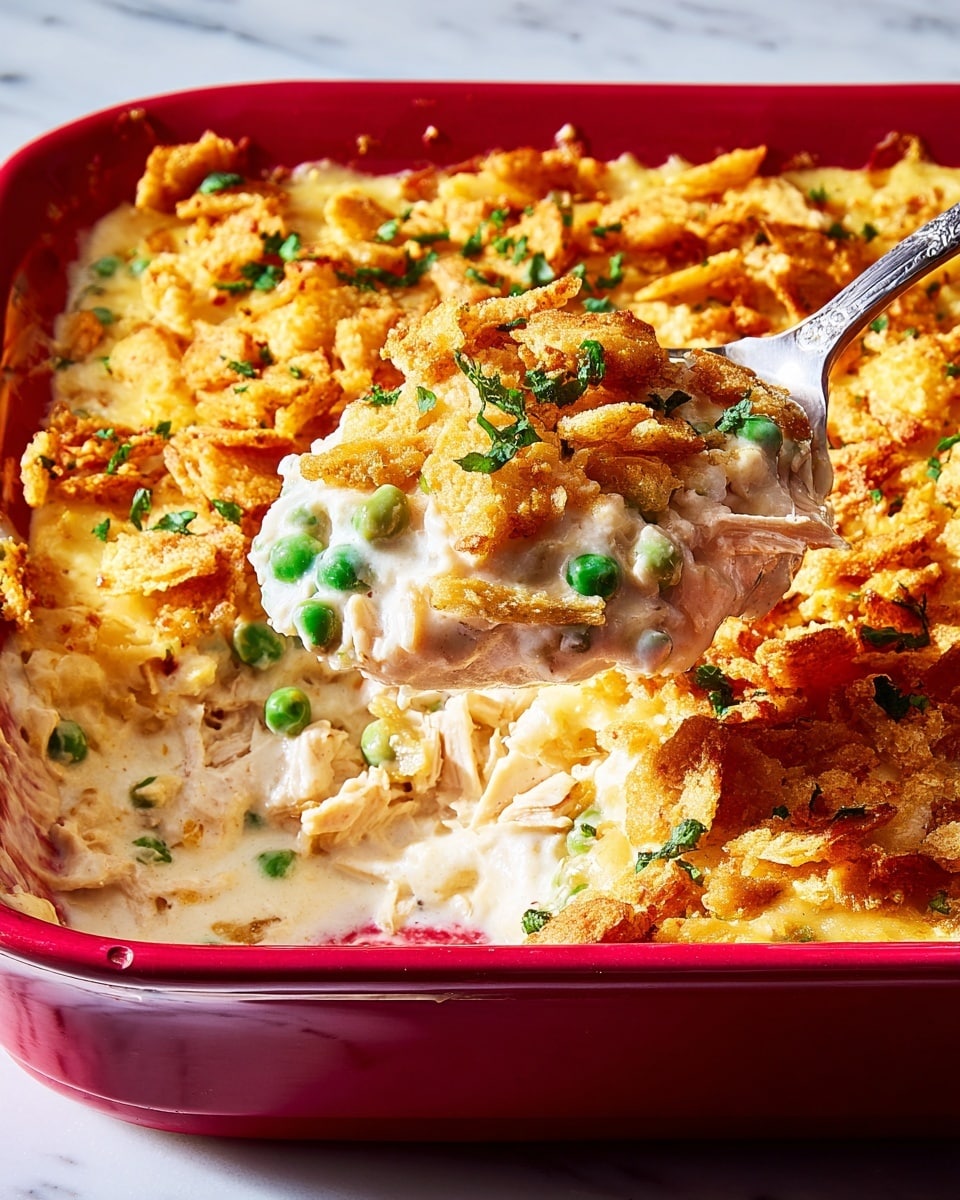 The image shows a red baking dish filled with a creamy casserole that has two visible layers. The bottom layer is a thick white sauce mixed with green peas and small pieces of chicken, creating a smooth and rich texture. The top layer is golden brown and crispy, made of crushed crackers or chips scattered unevenly, adding a crunchy texture. There are small green herb pieces sprinkled on top for color. A spoon lifts a portion, showing the creamy inside beneath the crunchy top. The dish sits on a white marbled surface. Photo taken with an iphone --ar 4:5 --v 7