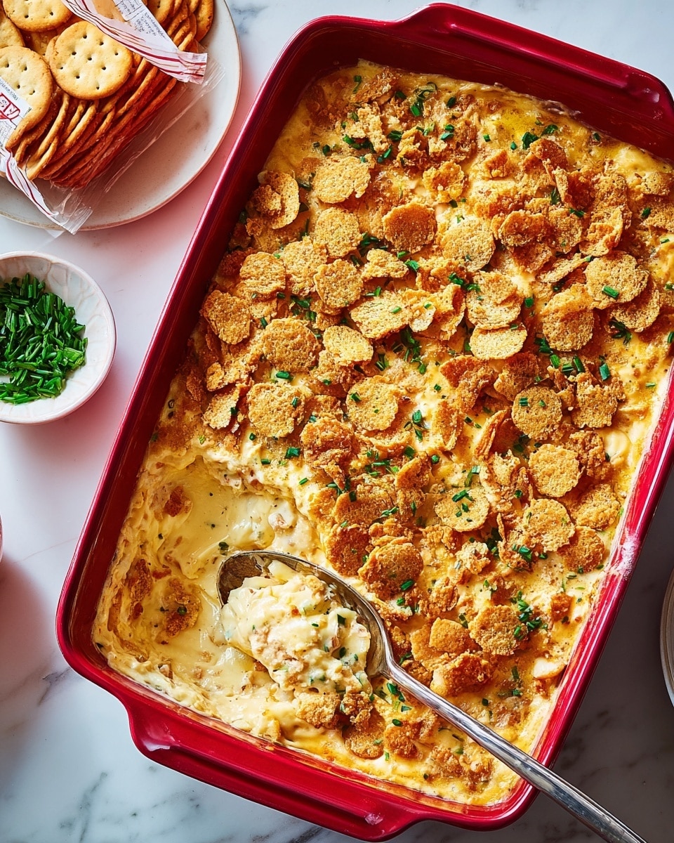 The image shows a red baking dish filled with a creamy, light yellow casserole topped with a golden-brown, crunchy layer of broken cracker pieces and green herb bits scattered across the top. A silver spoon is lifting out a portion from the right corner, revealing the thick, smooth texture of the casserole beneath the cracker topping with small green herbs mixed inside. To the left of the dish, there is an open package of stacked round crackers and a small white bowl filled with chopped green herbs, all set on a white marbled surface. Photo taken with an iphone --ar 4:5 --v 7