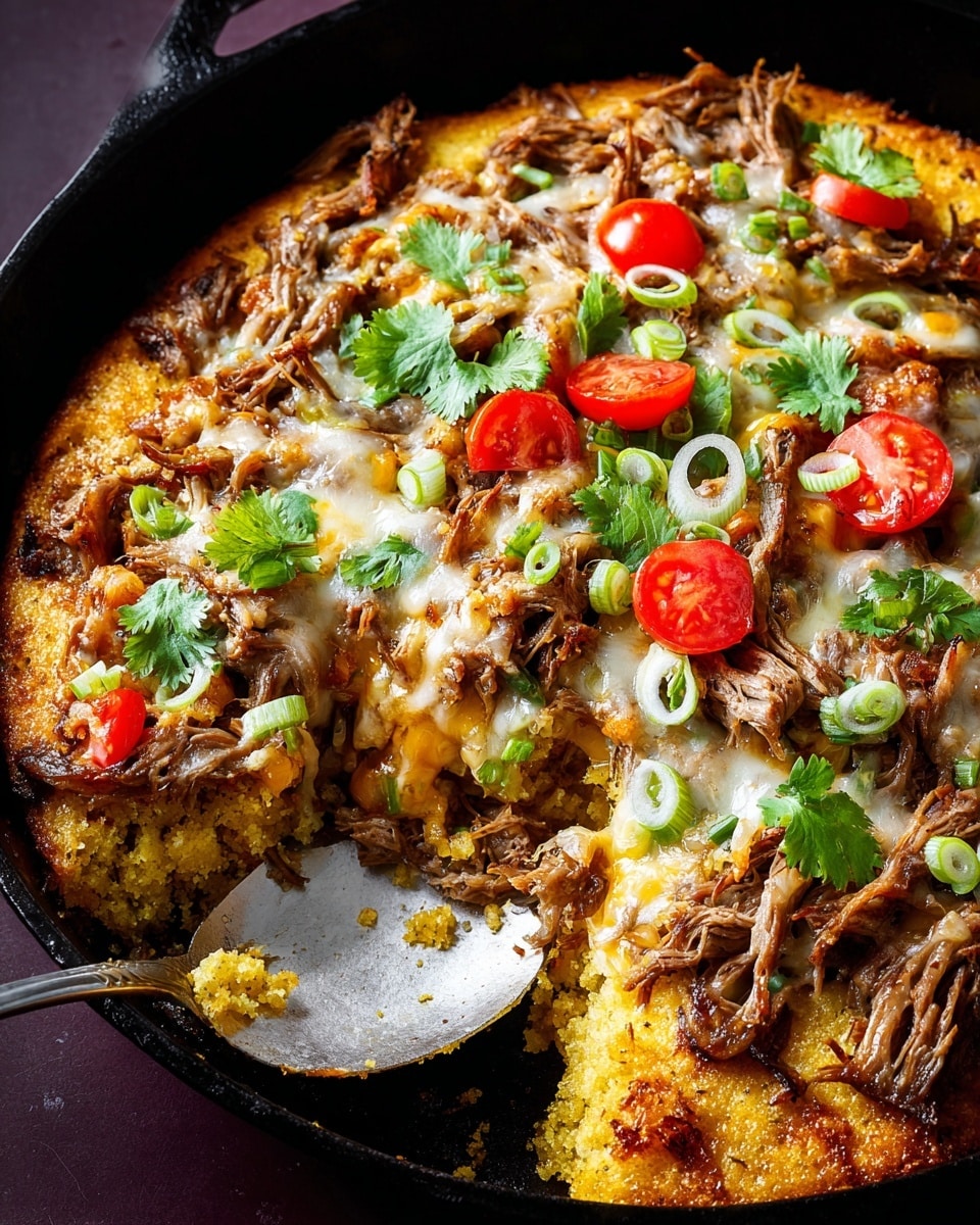 The dish is served in a black cast iron skillet showing about four layers – the bottom layer is a crumbly golden cornbread with a coarse texture, slightly uneven at the edges; on top of that is shredded meat in irregular pieces, brown with a tender look; melted cheese in a mix of light yellow and white covers the meat unevenly, oozing and slightly browned in spots; bright red halved cherry tomatoes, fresh green cilantro leaves, and thinly sliced green onions are scattered on the top, adding vibrant color contrast. A large spoon rests on the side inside the skillet, partially scooping out the cornbread layer. Photo taken with an iphone --ar 4:5 --v 7