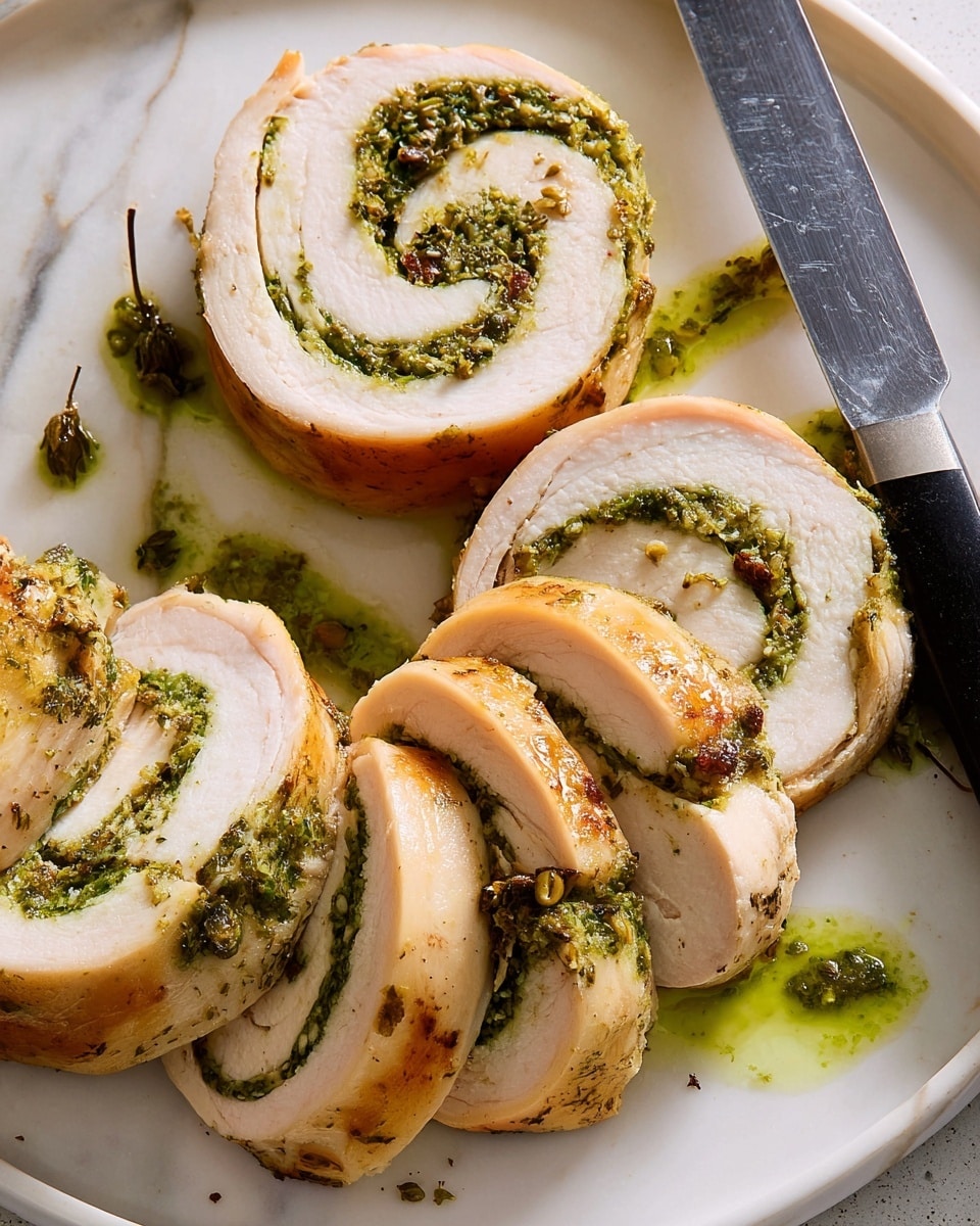 The image shows a white plate on a white marbled surface holding a rolled chicken dish sliced into thick rounds. The chicken has a light golden outer layer and is filled with a green herb and spice mixture that spirals through the center of each slice. Four slices are arranged in a scattered group with the whole roll placed near the top left, leaving a green sauce underneath. A knife with a black handle rests on the plate's right edge. The photo taken with an iphone --ar 4:5 --v 7