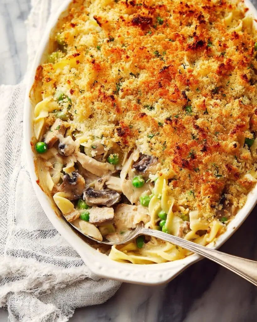 Creamy Turkey and Mushroom Casserole with Parmesan Breadcrumb Topping Recipe