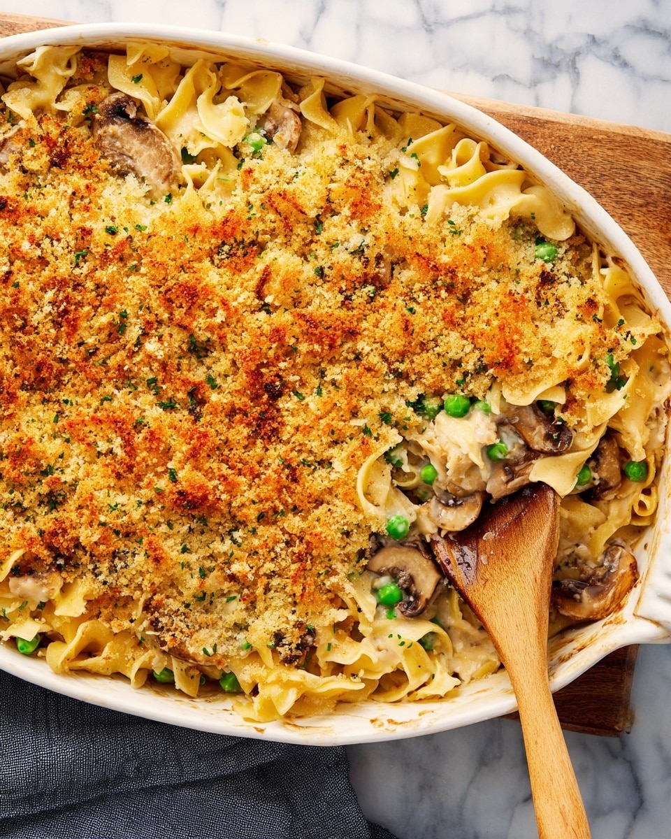 A close-up of a white baking dish filled with a layered casserole. The bottom layer has broad egg noodles mixed with green peas and sliced brown mushrooms, covered in a creamy sauce. On top of the noodles, there are chunks of cooked chicken. The top layer consists of a thick, golden brown breadcrumb crust that looks crisp and crunchy with some darker toasted spots. A copper spoon is partially submerged in the dish on the right side. The dish sits on a white marbled surface with a glimpse of a gray and brown cloth nearby. Photo taken with an iphone --ar 4:5 --v 7
