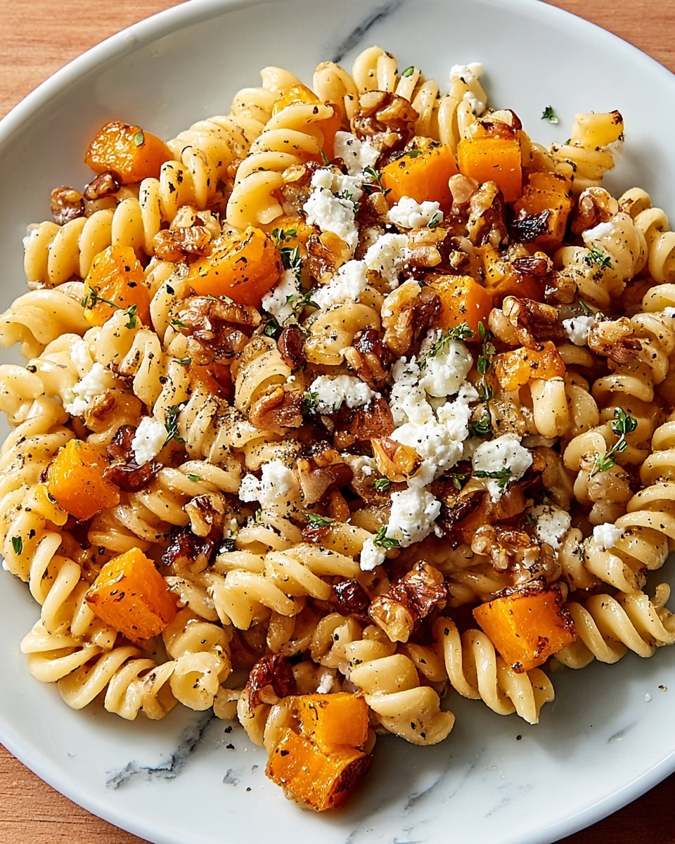 Two white plates hold a pasta dish made with twisted pasta as the base layer. Scattered on top are small, golden-yellow cubes of roasted squash, dark brown toasted nuts, and crumbled white cheese, with some green herbs sprinkled throughout. To the right is a black cast iron pan with some pasta and squash inside, along with a wooden spoon resting in the pan. A glass of light amber-colored drink is on the wooden table near the top plate. The table has a warm wood grain texture. photo taken with an iphone --ar 4:5 --v 7