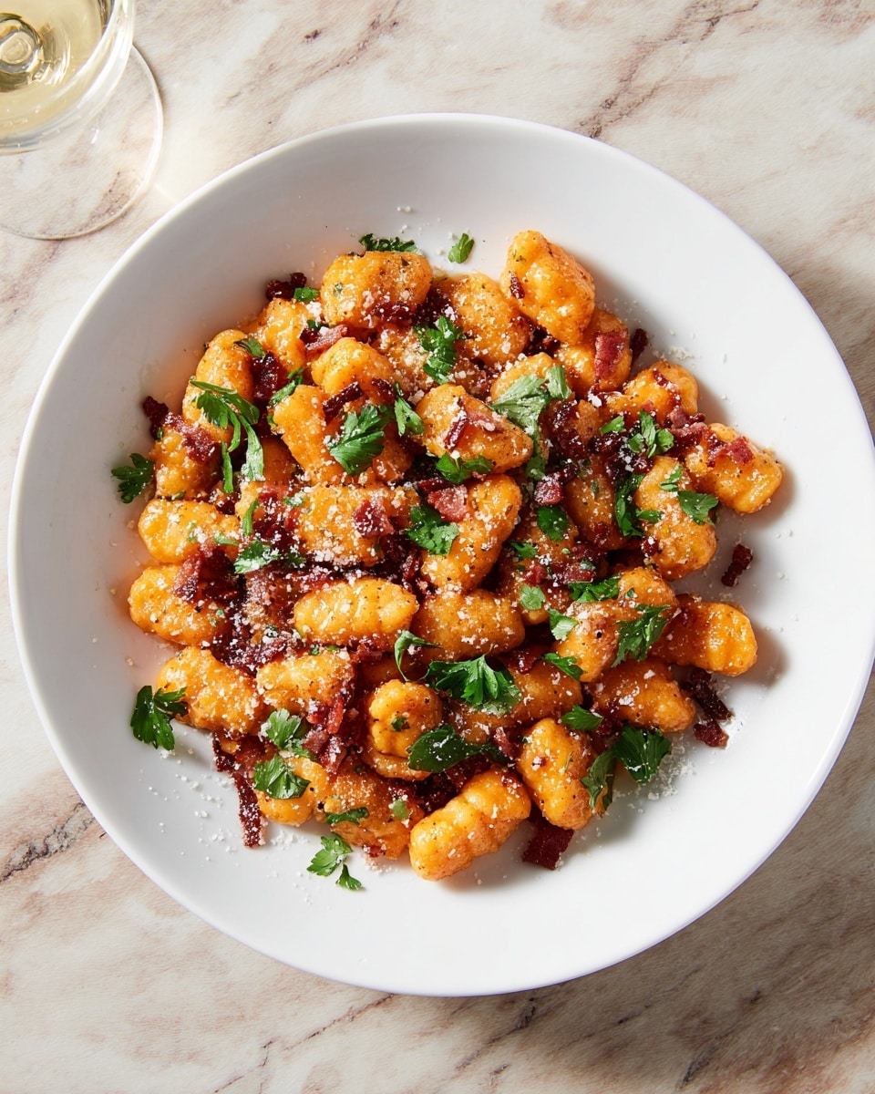 A white plate holds a single layer of small, soft, orange gnocchi pieces, each showing a slightly ridged texture from cooking. Mixed in and on top of these are small, crisp, browned bacon bits rich in color and texture. Scattered fresh parsley leaves add bright green contrasts across the dish. Light shavings of white parmesan cheese are sprinkled on top, some slowly melting on the warm gnocchi and bacon. The plate edge is clean, and the setting is a white marbled texture beneath. photo taken with an iphone --ar 4:5 --v 7